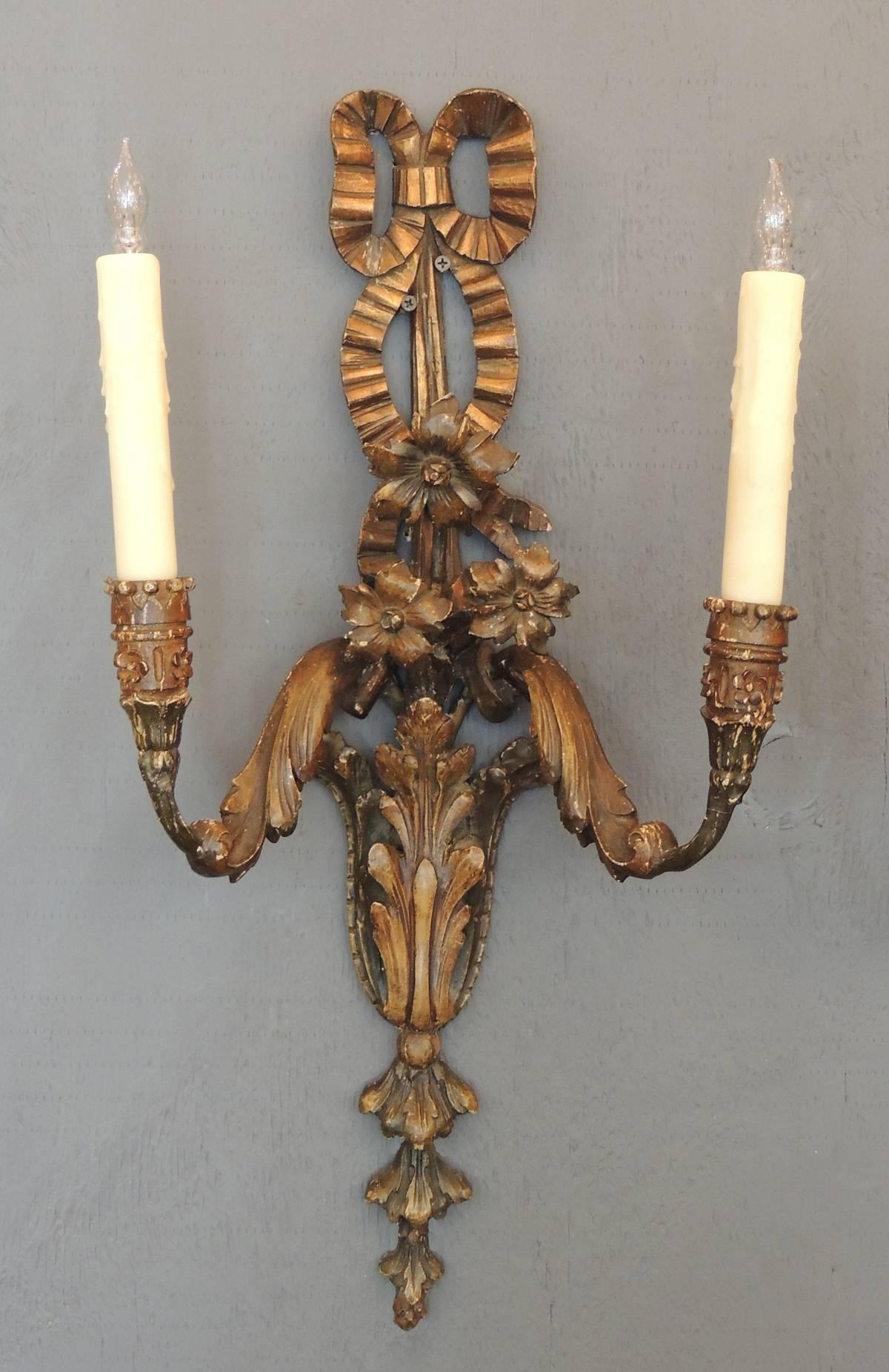 Baroque Pair of Early 20th C Italian Carved Wood Sconces  For Sale