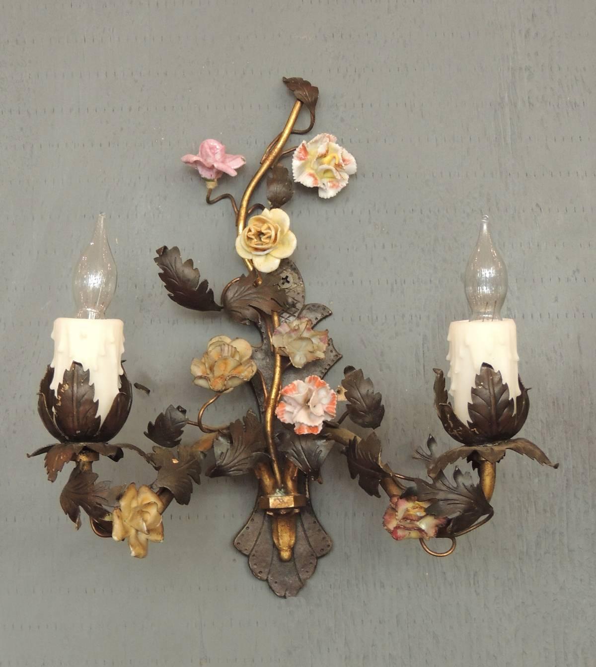 Pair of Early 20th C French Bronze and Porcelain Sconces  1