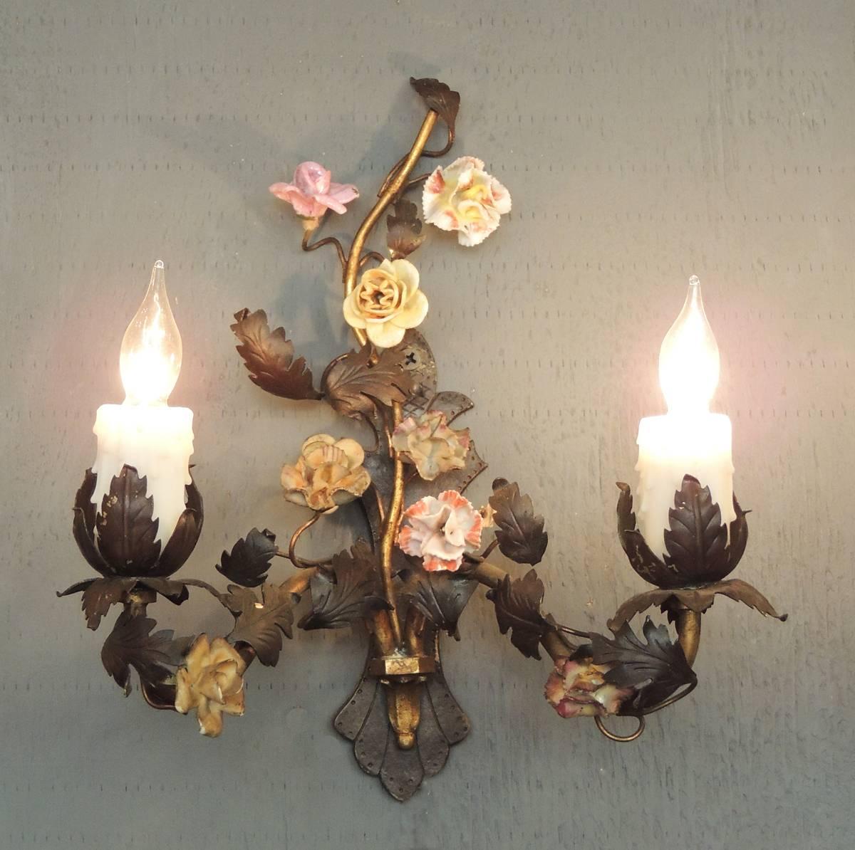 20th Century Pair of Early 20th C French Bronze and Porcelain Sconces 