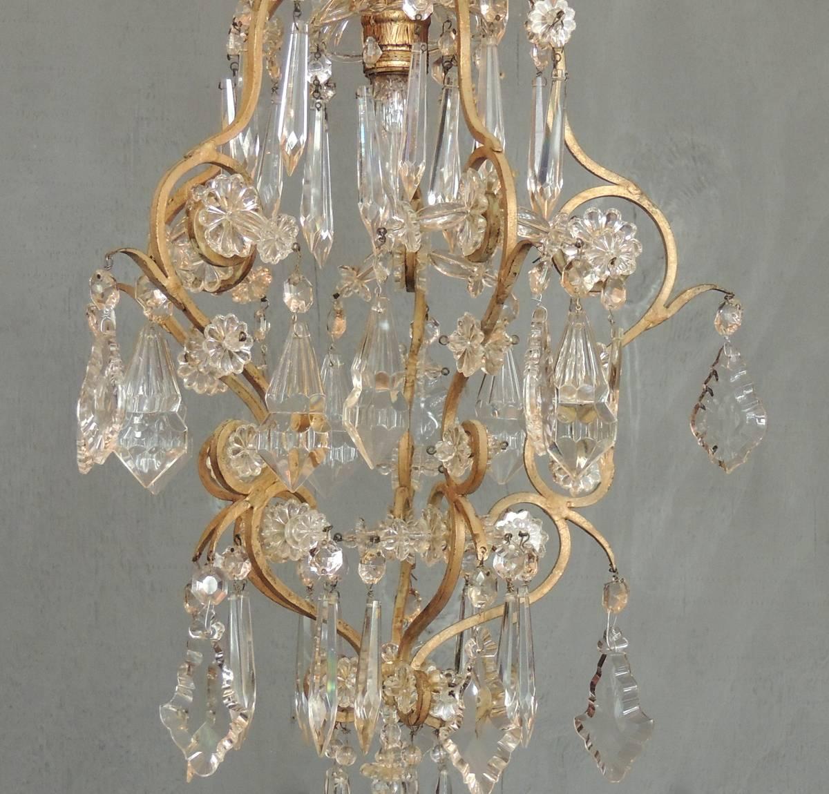 Small Early 20th C French Neoclassical Brass and Crystal Chandelier Lantern In Excellent Condition In Charleston, SC