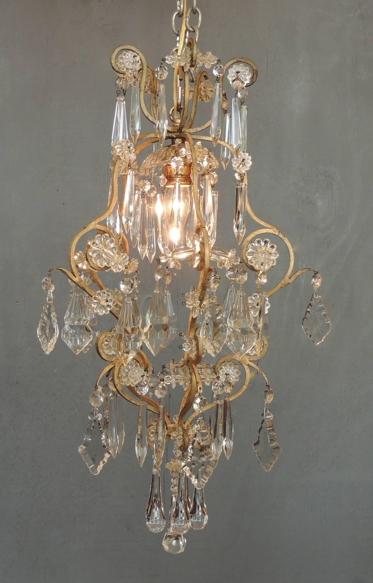 Small Early 20th C French Neoclassical Brass and Crystal Chandelier Lantern 3