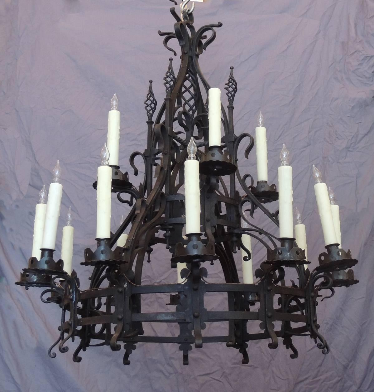 Tin Late 19th C French Gothic Wrought Iron Chandelier