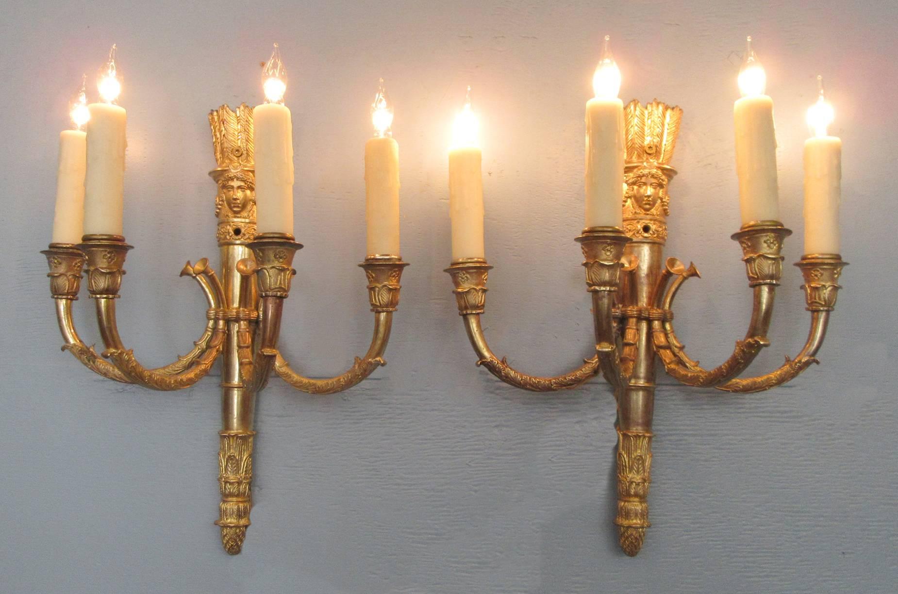 19th Century Pair of Mid 19th C French Empire Bronze Sconces