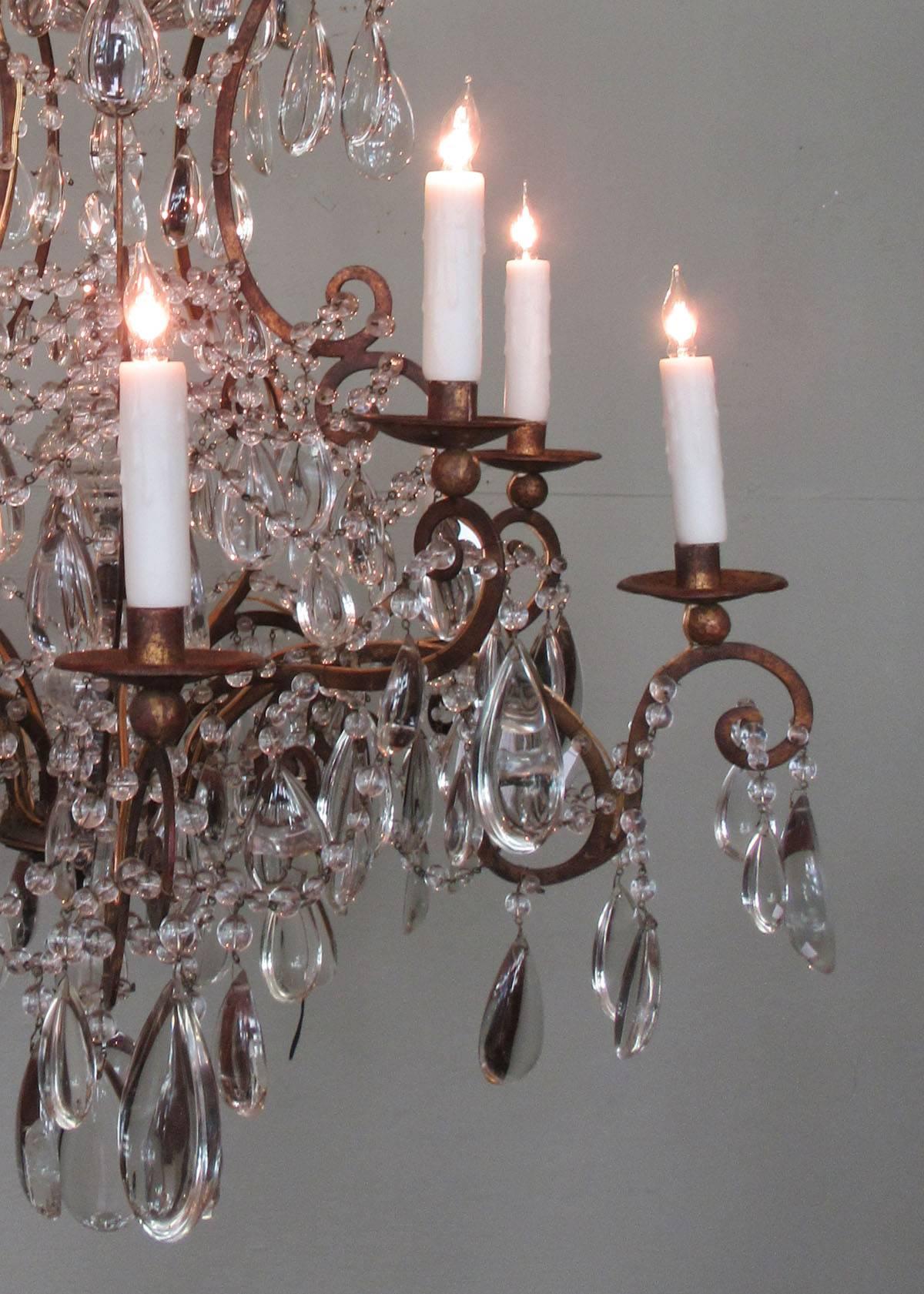 19th Century Italian Piedmont Gilt Tole, Iron and Crystal Chandelier In Excellent Condition In Charleston, SC
