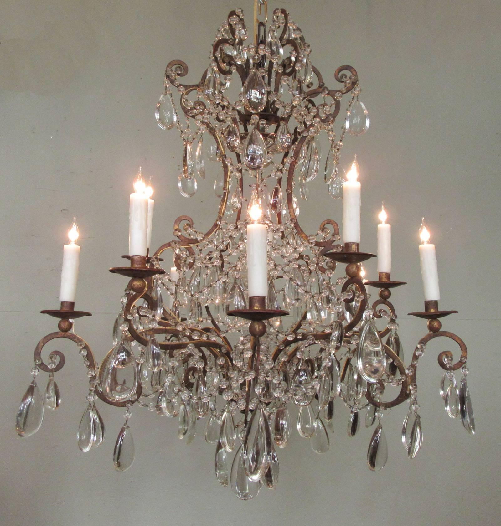 Baroque 19th Century Italian Piedmont Gilt Tole, Iron and Crystal Chandelier
