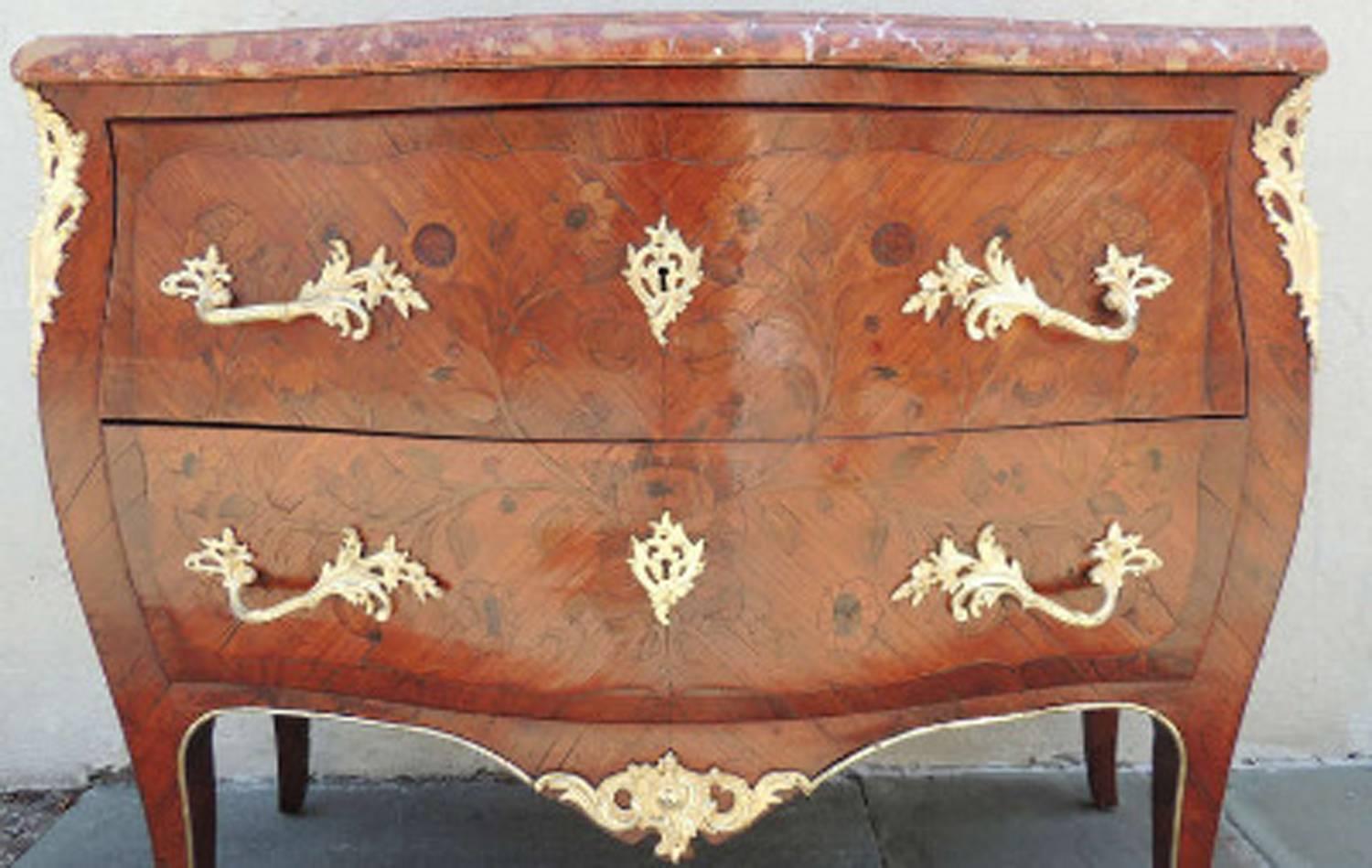 Mid-19th Century Spanish Louis XV Marquetry Chest with Marble Top In Excellent Condition In Charleston, SC