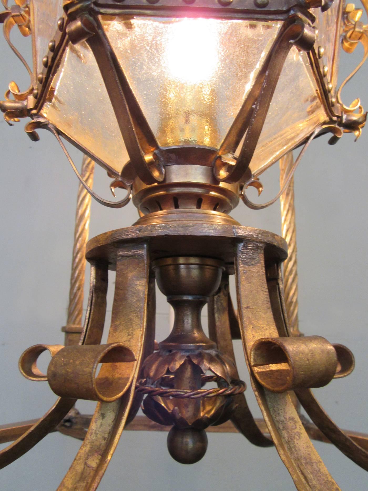 19th Century Italian Venetian Gilt Tole Lantern with Oil Lamp In Excellent Condition In Charleston, SC