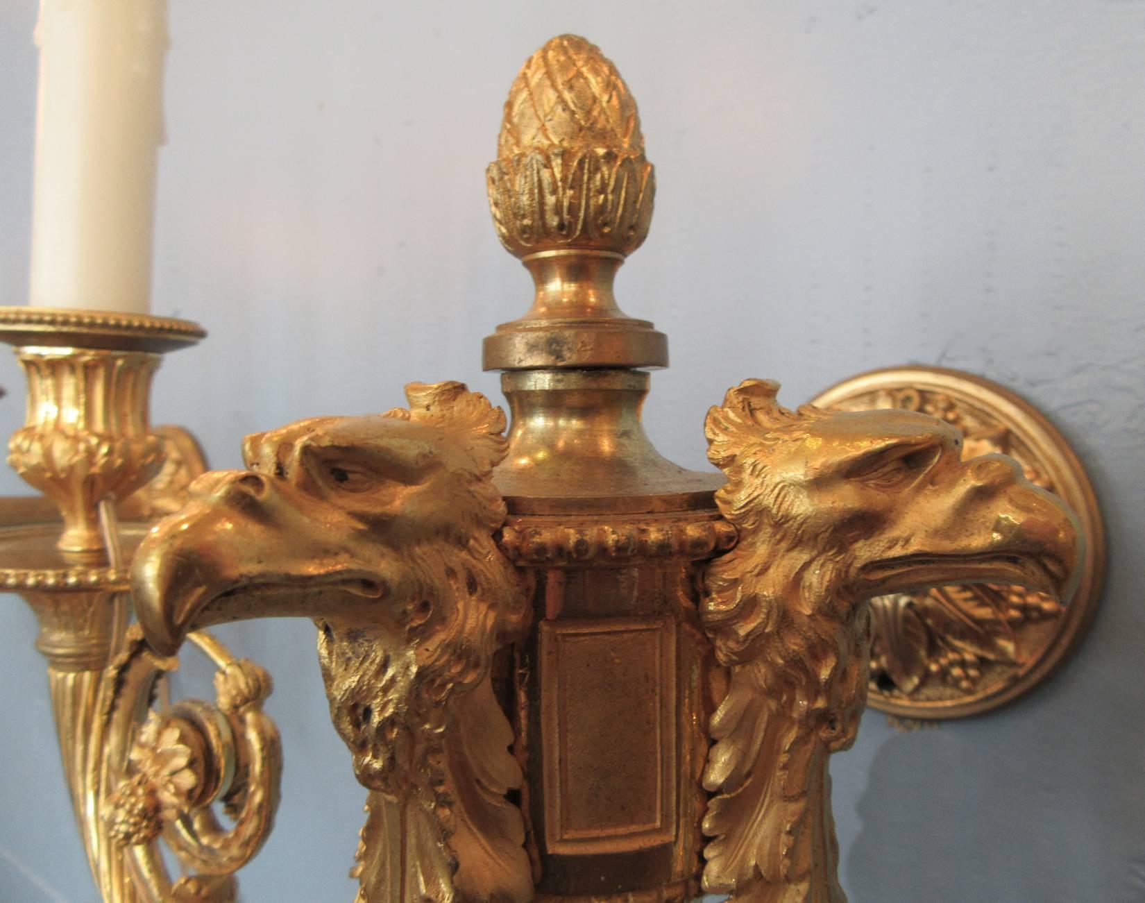 Pair of 19th Century French Empire Bronze Dore Sconces with Exceptional Casting For Sale 1