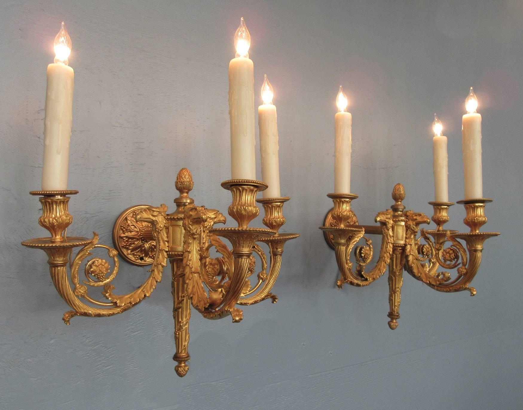 Pair of 19th Century French Empire Bronze Dore Sconces with Exceptional Casting For Sale 2