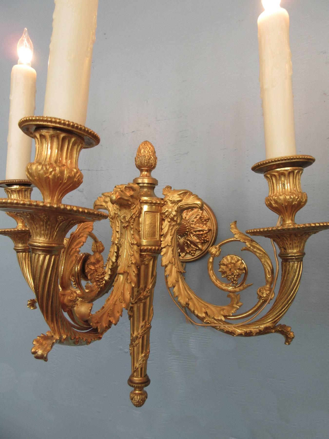 Pair of 19th Century French Empire Bronze Dore Sconces with Exceptional Casting For Sale 3