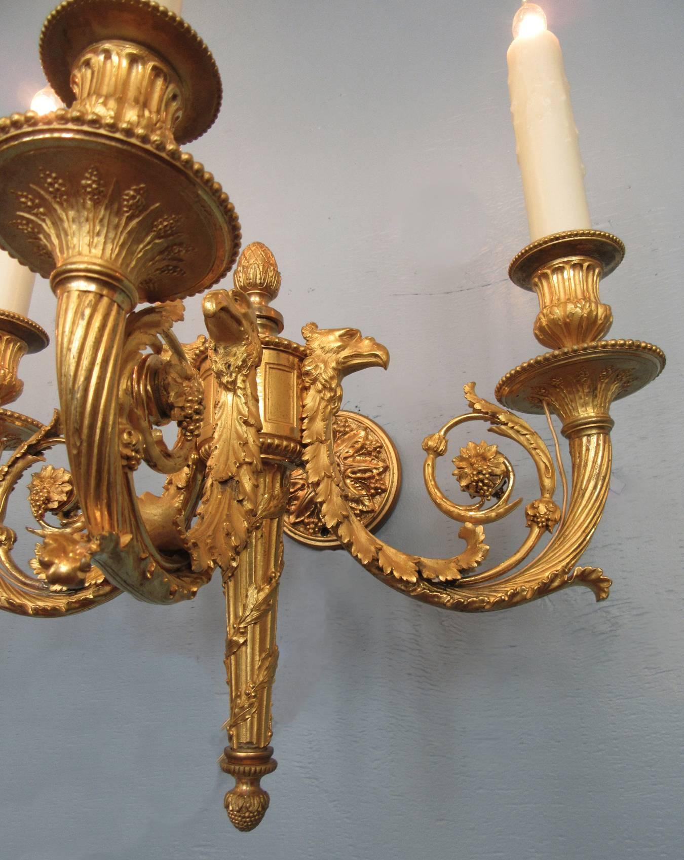 Pair of 19th Century French Empire Bronze Dore Sconces with Exceptional Casting For Sale 5