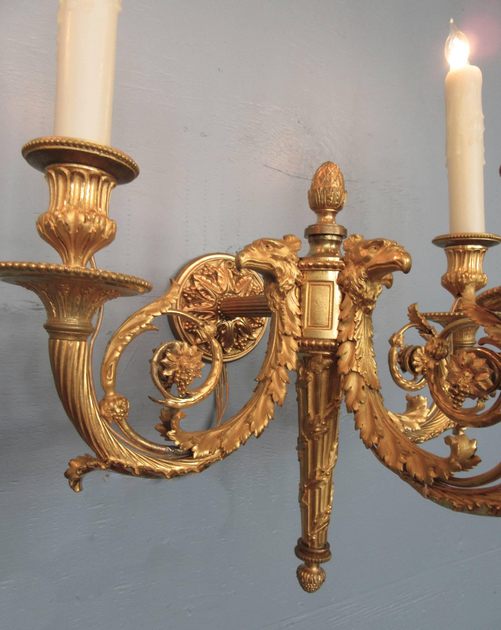 Gilt Pair of 19th Century French Empire Bronze Dore Sconces with Exceptional Casting For Sale