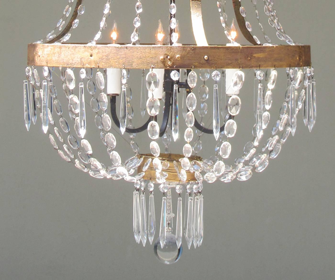18th Century Italian Empire Iron, Crystal and Tole Basket Chandelier 1