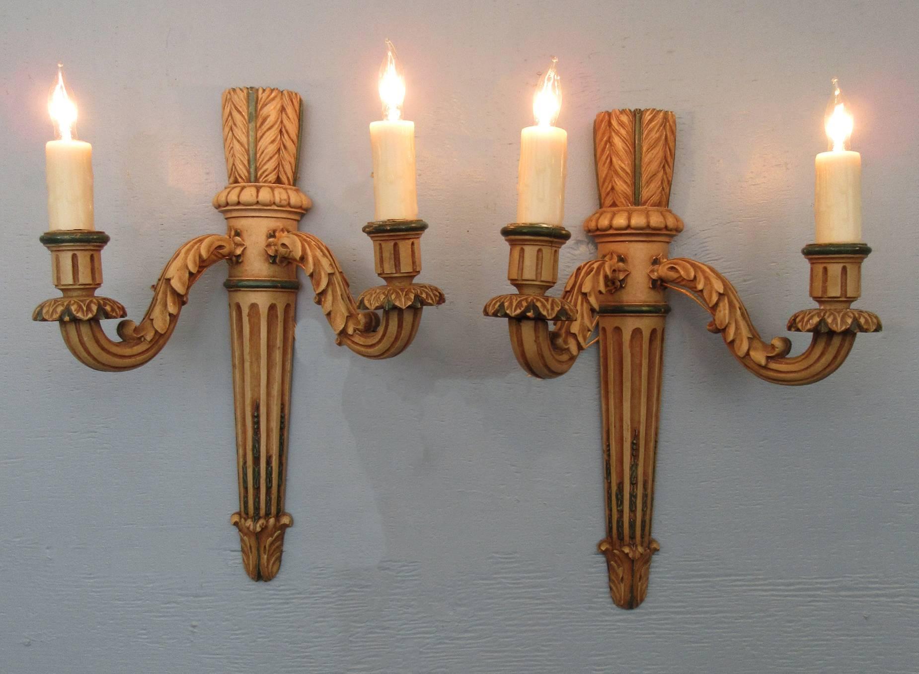 Early 20th C French Louis XIV Wooden Ivory and Green Quiver Shaped Sconces  2