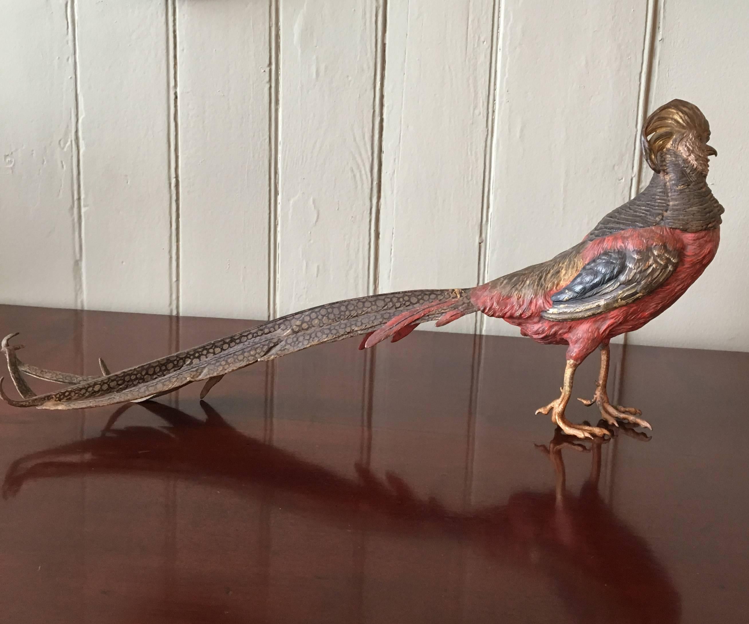 Austrian Vienna Bronze Golden Pheasant Sculpture by Franz Xaver Bergman
