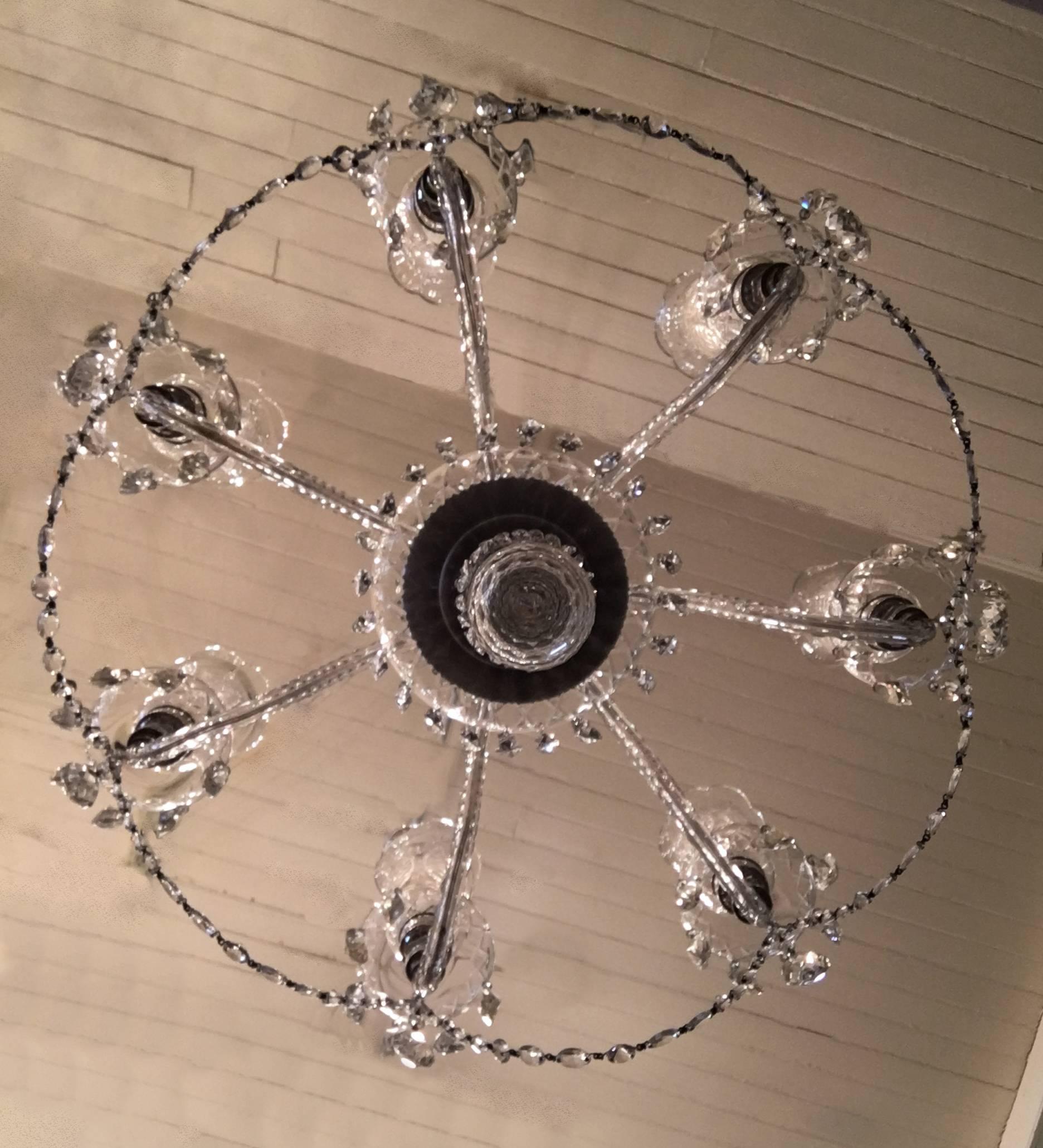 Plated Early 20th Century Irish Crystal Chandelier with Hurricane Shades