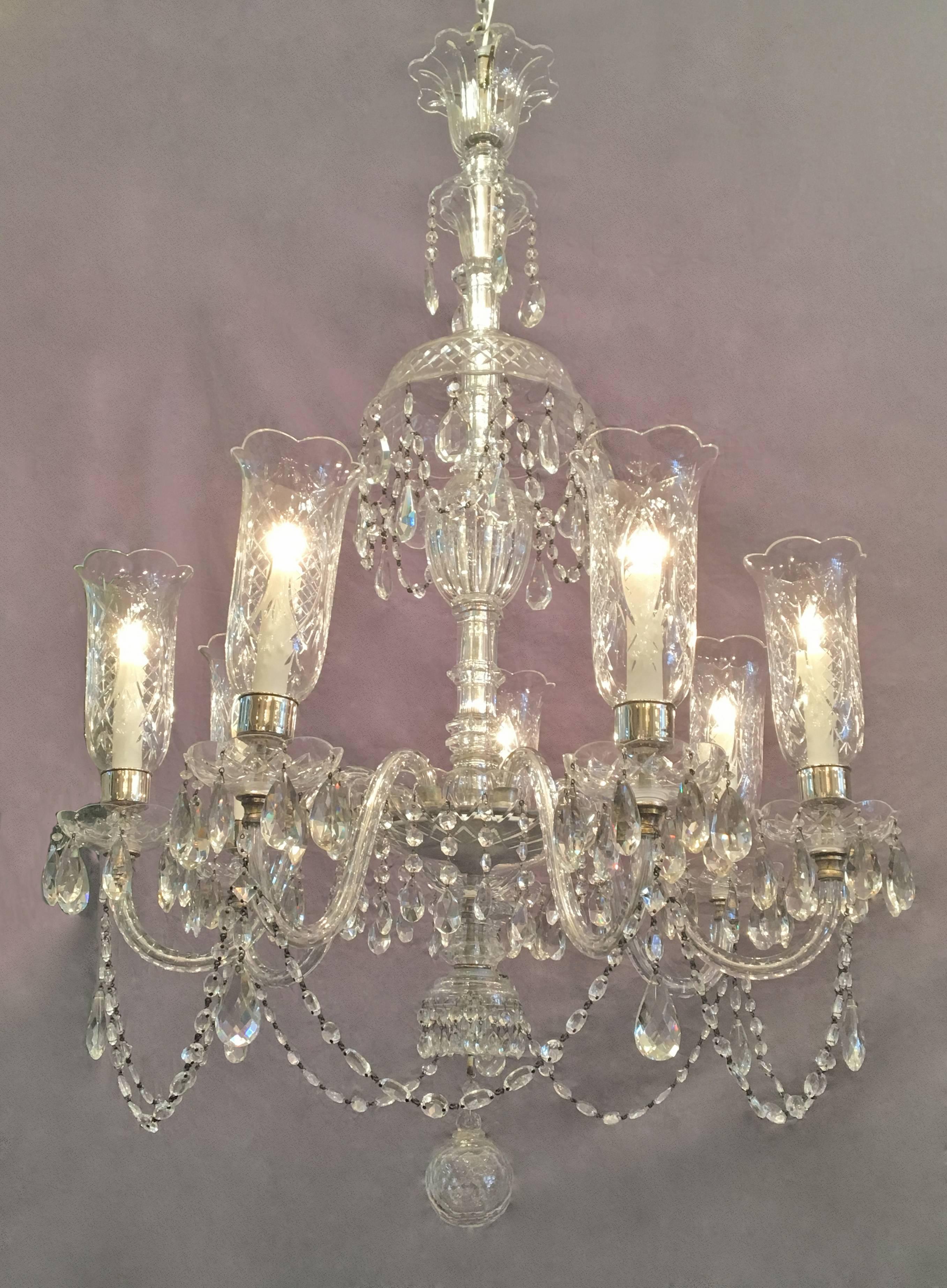 Early 20th Century Irish Crystal Chandelier with Hurricane Shades In Good Condition In Charleston, SC