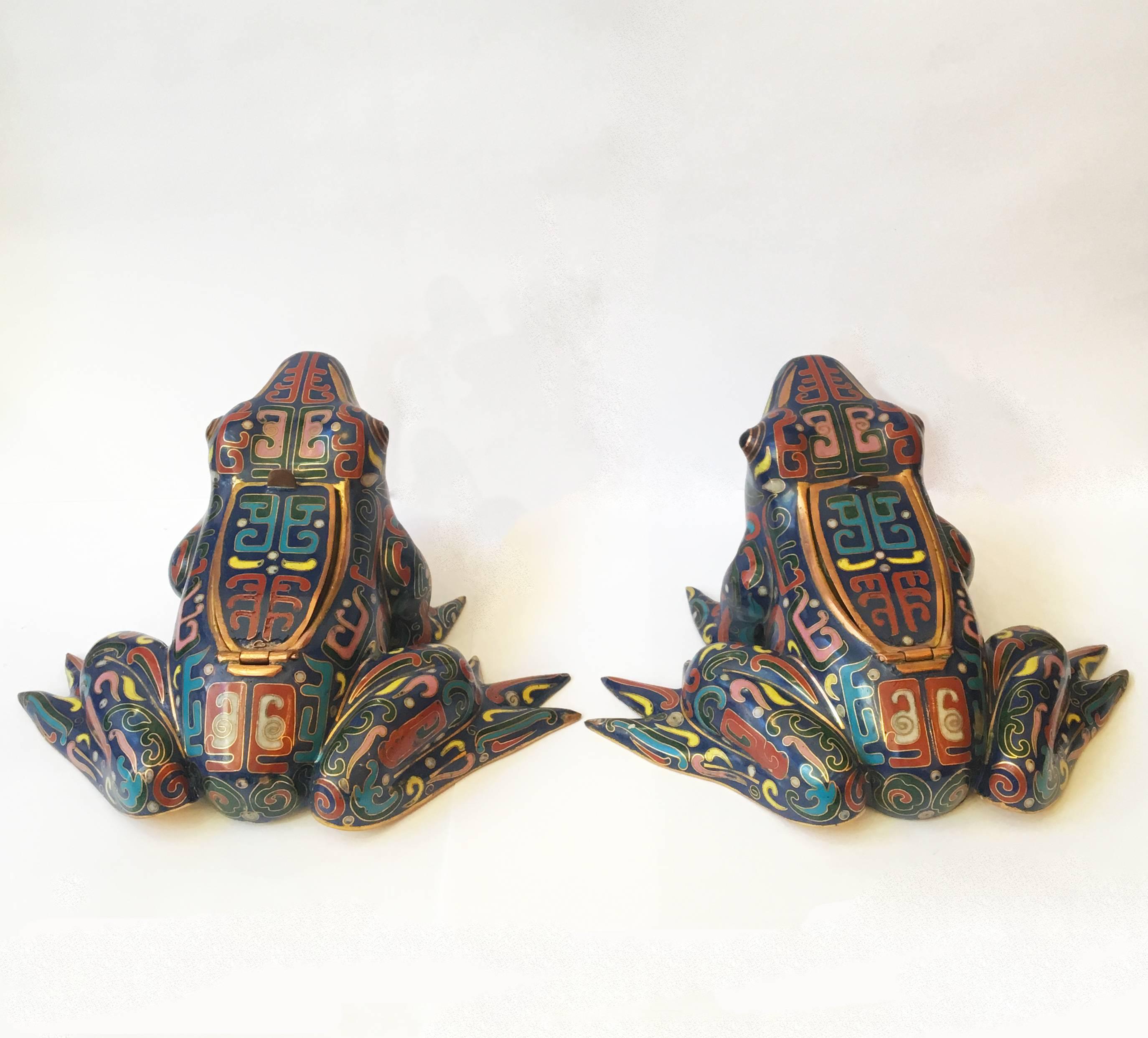 Asian 20th Century Pair of Cloisonné Frog Sculptures and Candleholders