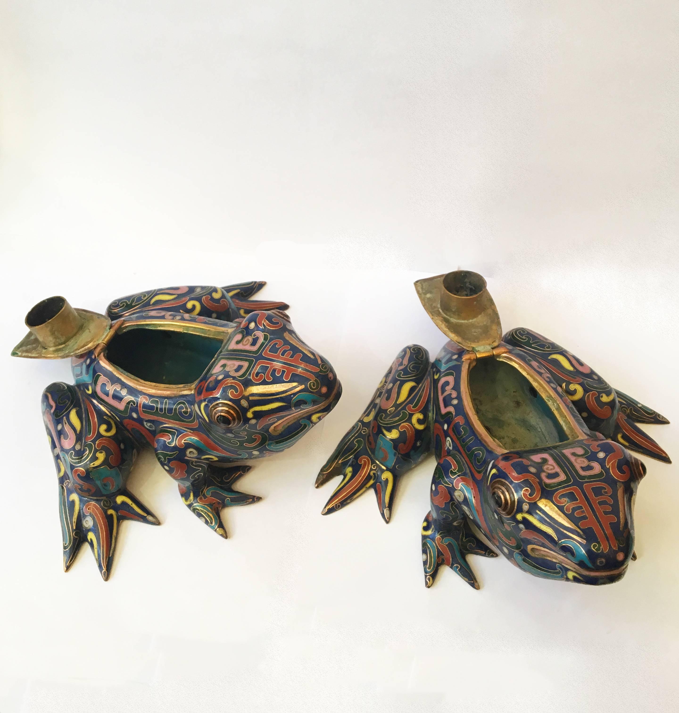 20th Century Pair of Cloisonné Frog Sculptures and Candleholders In Excellent Condition In Charleston, SC