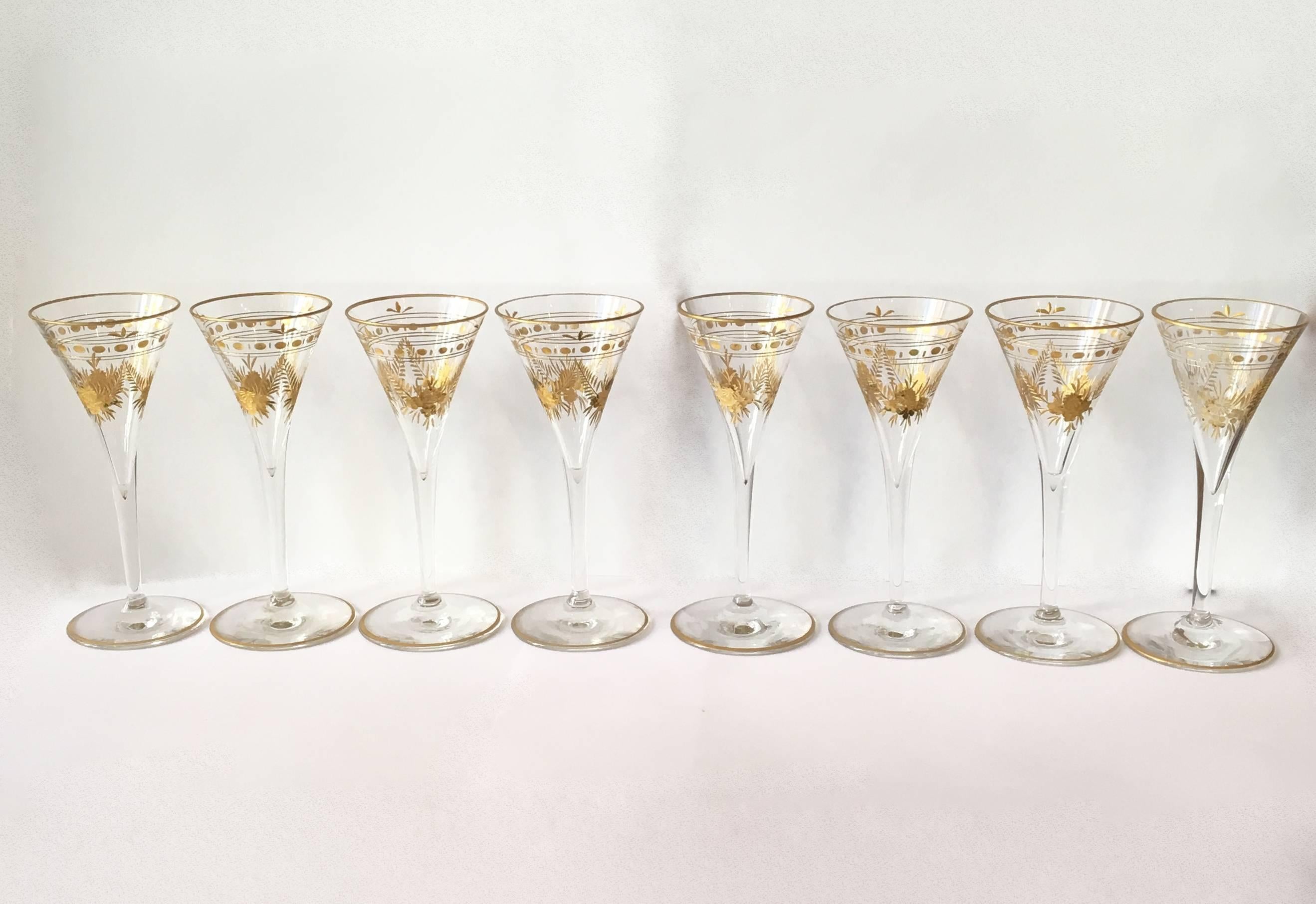 These mid-19th century gold etched drinking glasses come in a set of eight. They would be perfect for a evening that calls for wine, sherry, or a range of liquors.