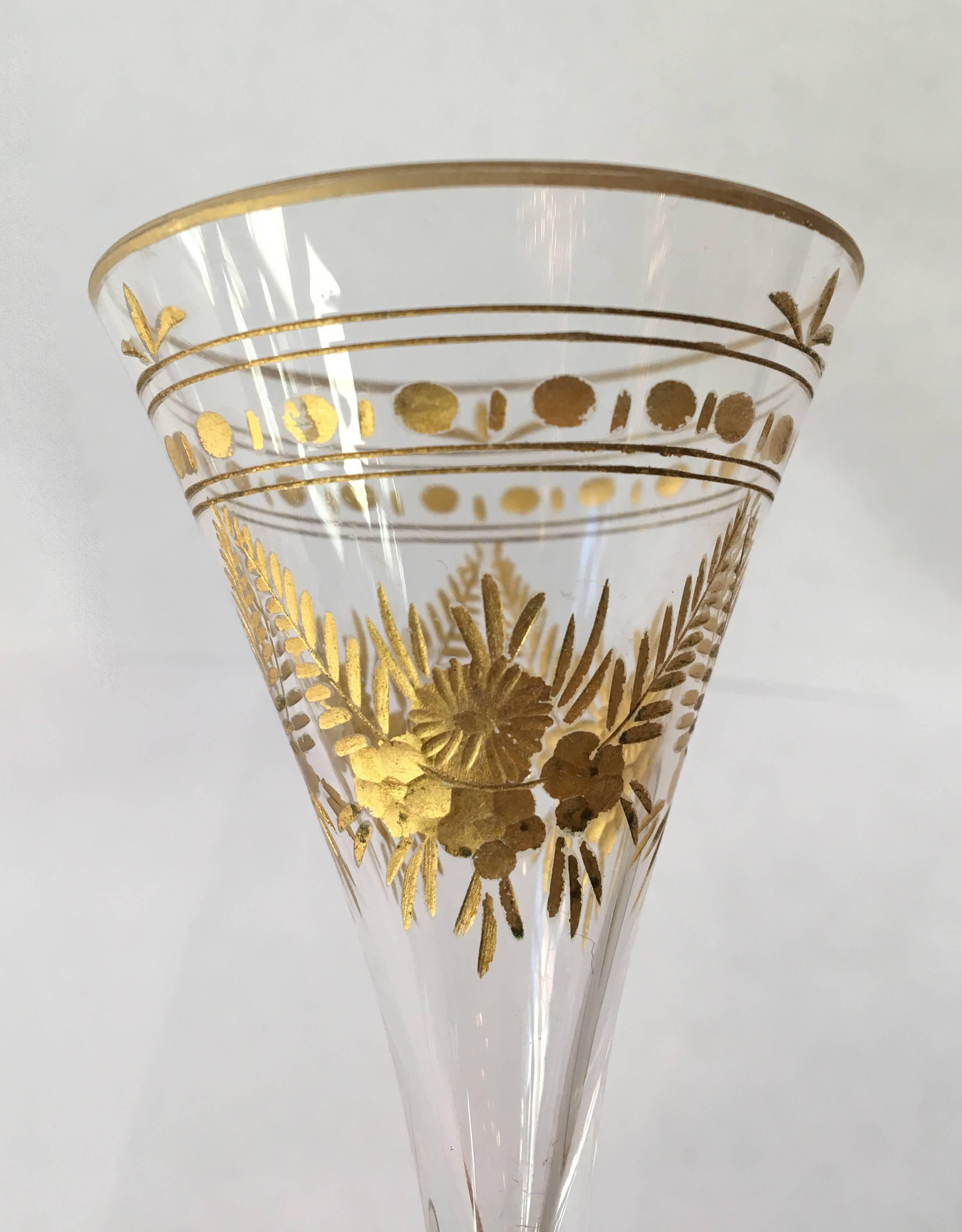 French Mid-19th Century Gold Etched Drinking or Liqueur Glasses