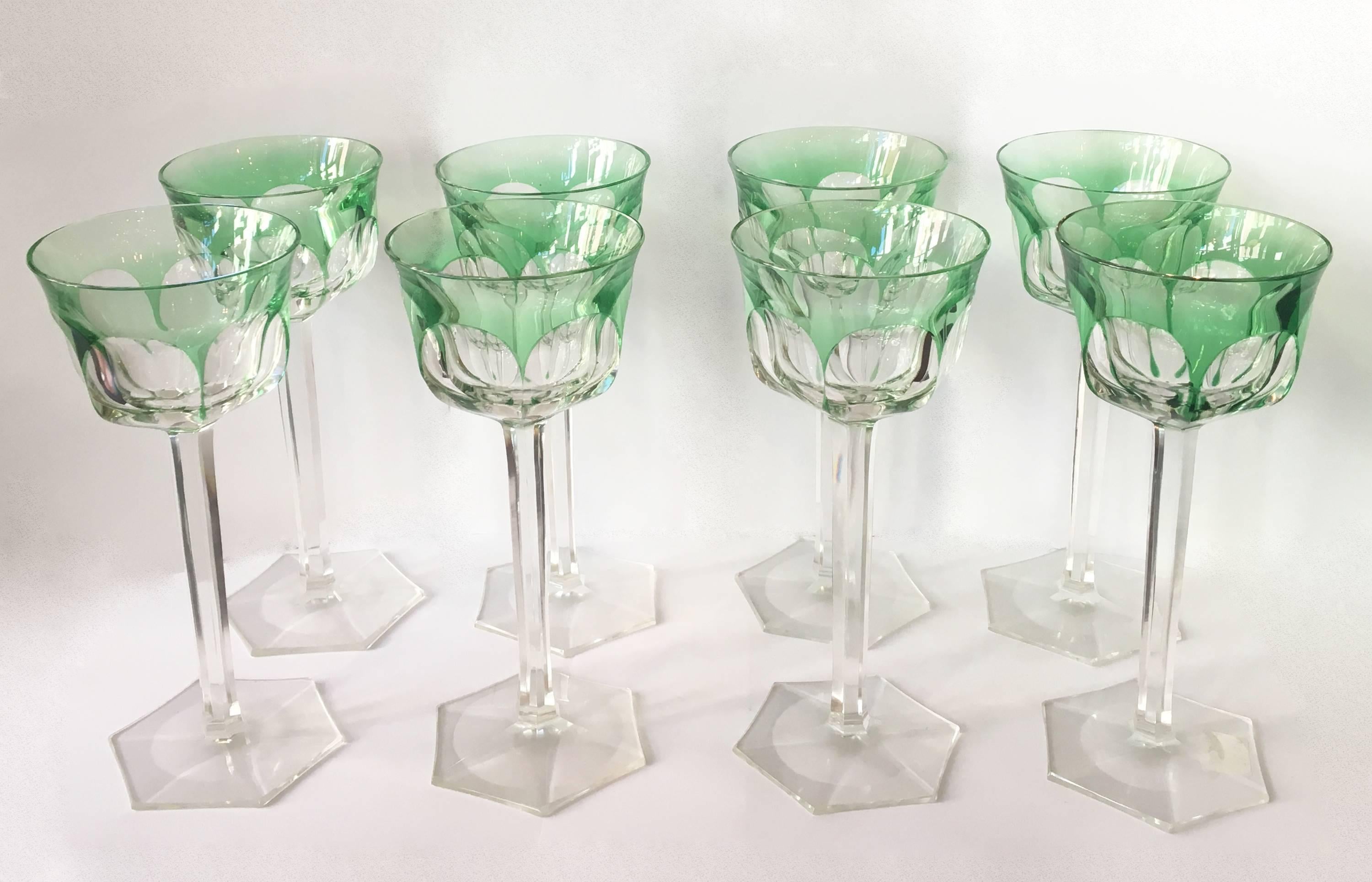 Beautiful set of eight tall stemmed green wine glasses by Belgium glass maker Val Saint Lambert. The Osram pattern adds unique style and detail.