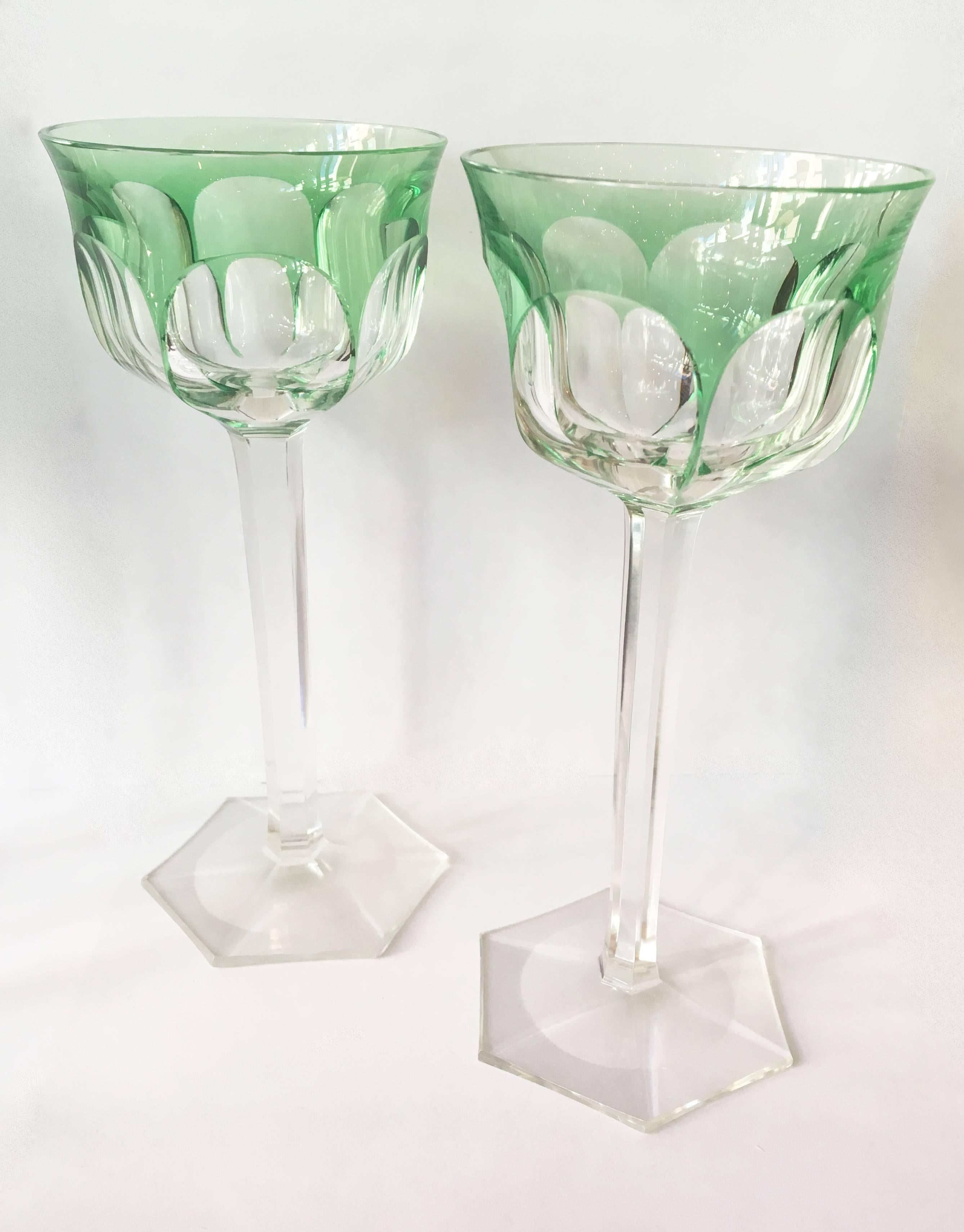 Art Deco Set of Eight Osram Val Saint Lambert Green Wine Glasses