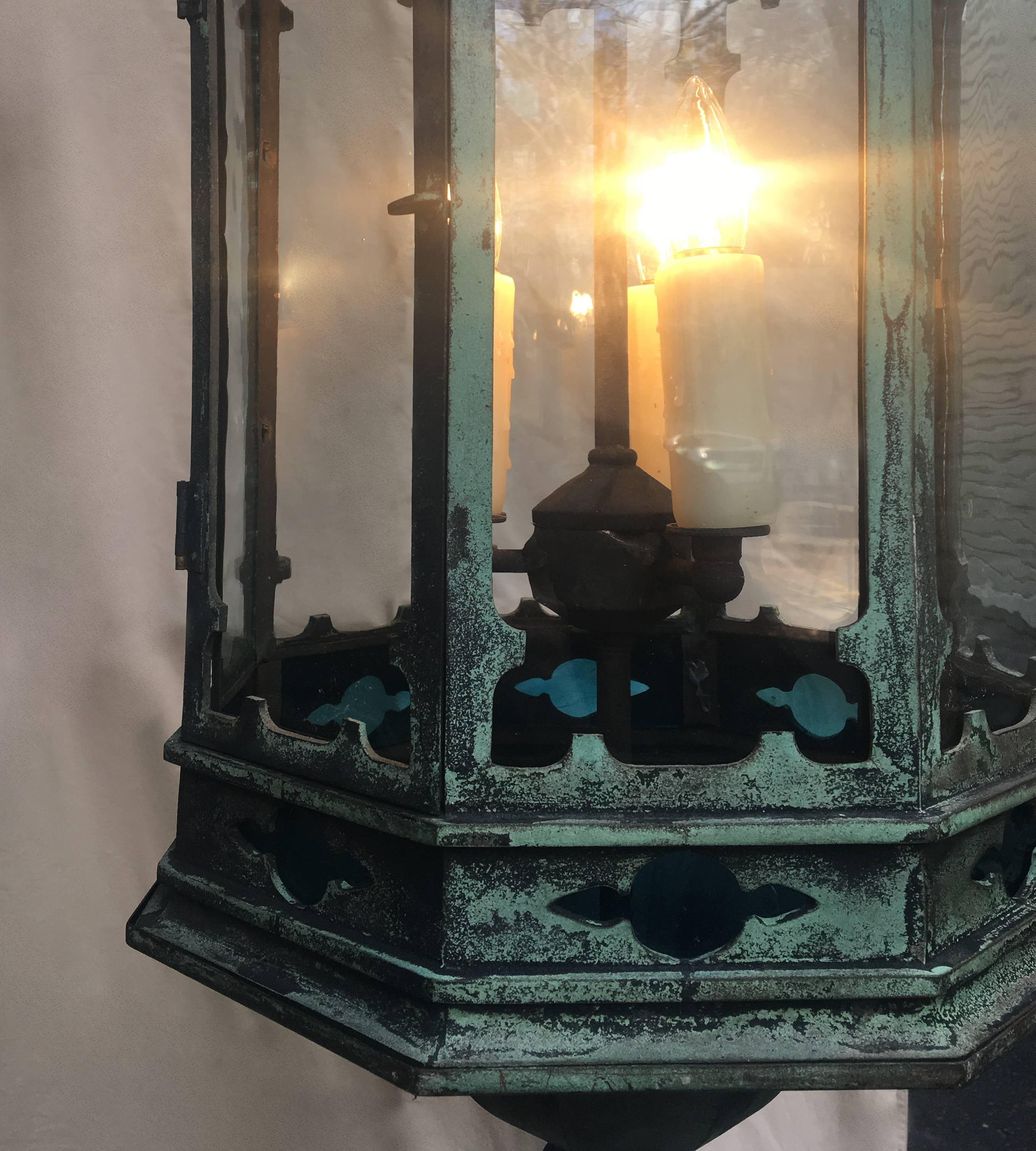 19th Century English Gothic Revival Bronze Lantern Chandelier In Excellent Condition In Charleston, SC