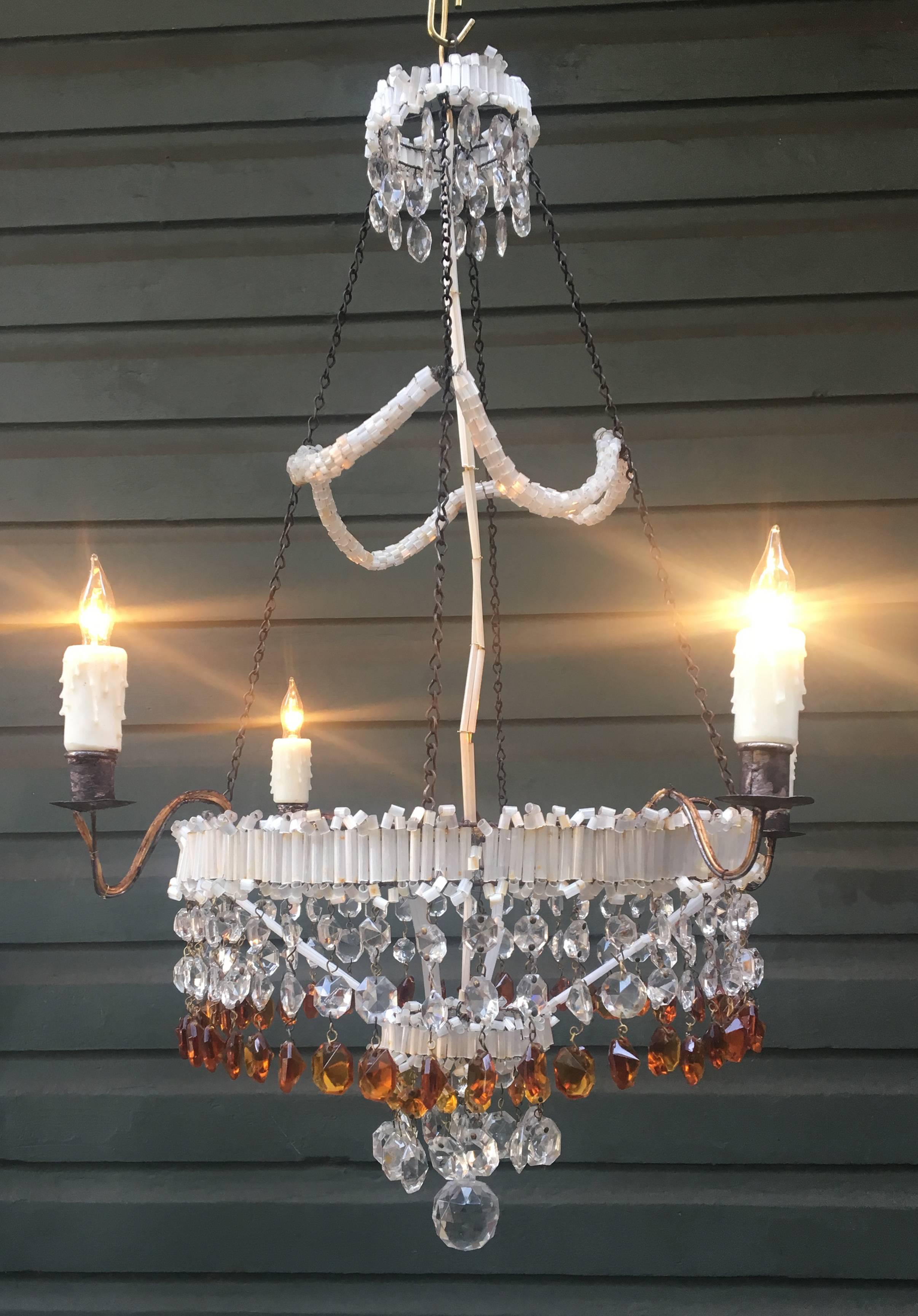 19th Century Italian Empire Venetian Opaline Glass and Amber Crystal Chandelier In Good Condition For Sale In Charleston, SC