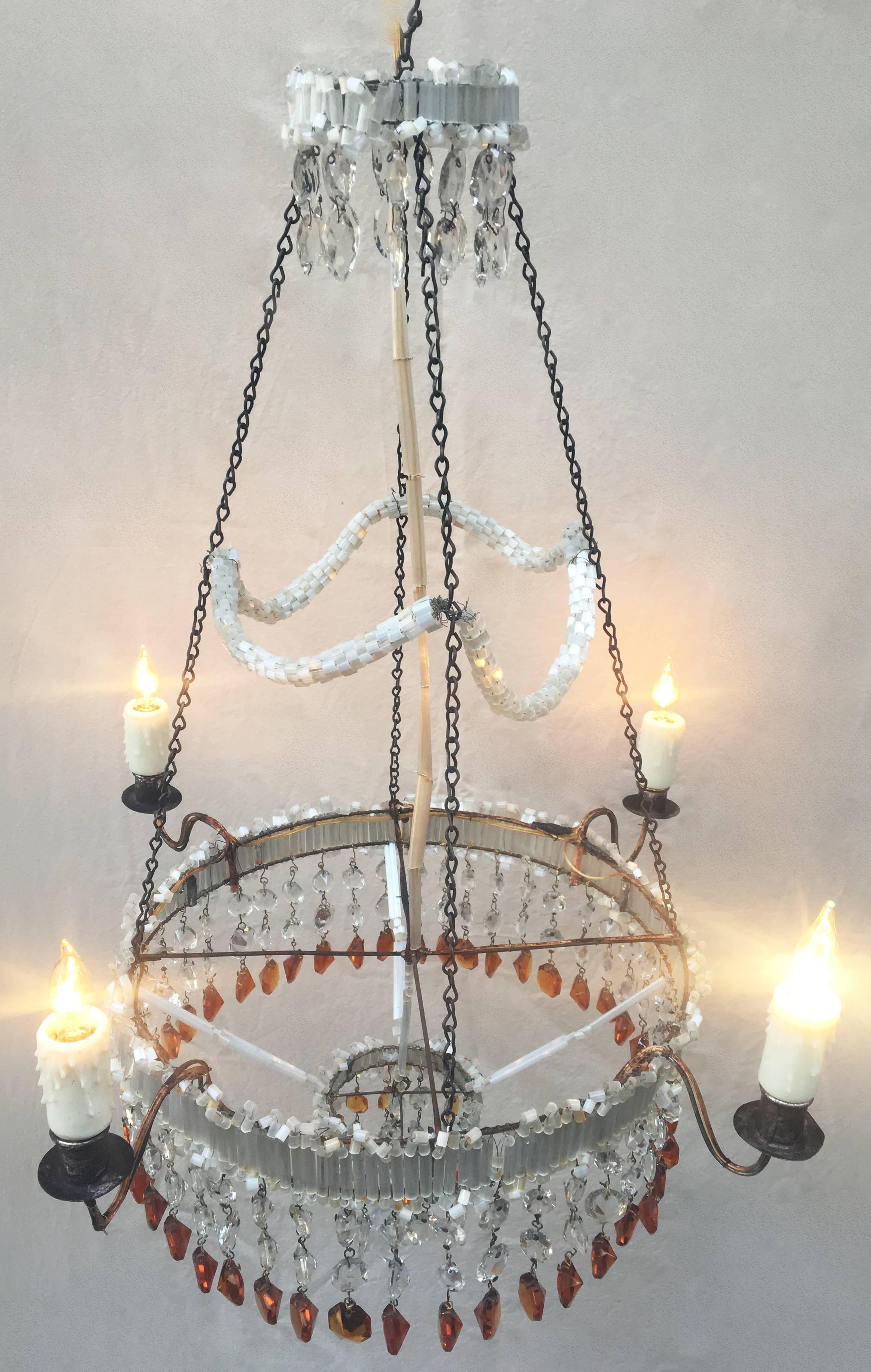 19th Century Italian Empire Venetian Opaline Glass and Amber Crystal Chandelier For Sale 2