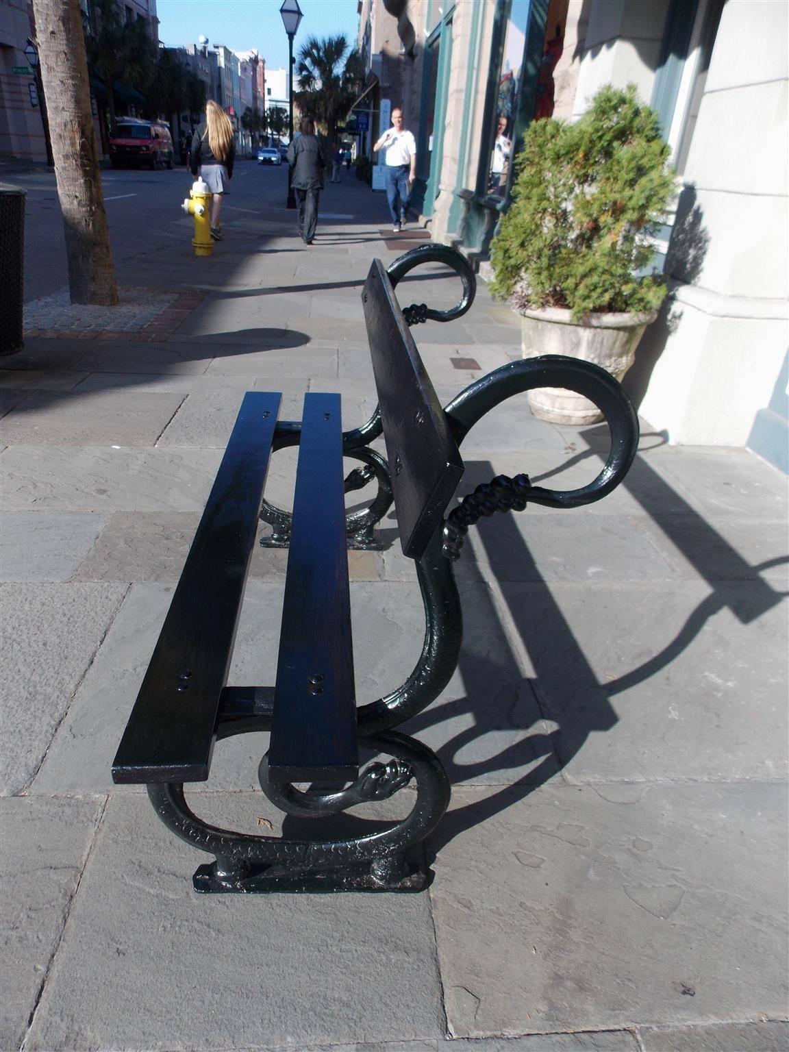 Hand-Carved English Cast Iron and Cypress Rattlesnake Garden Bench, Circa 1850