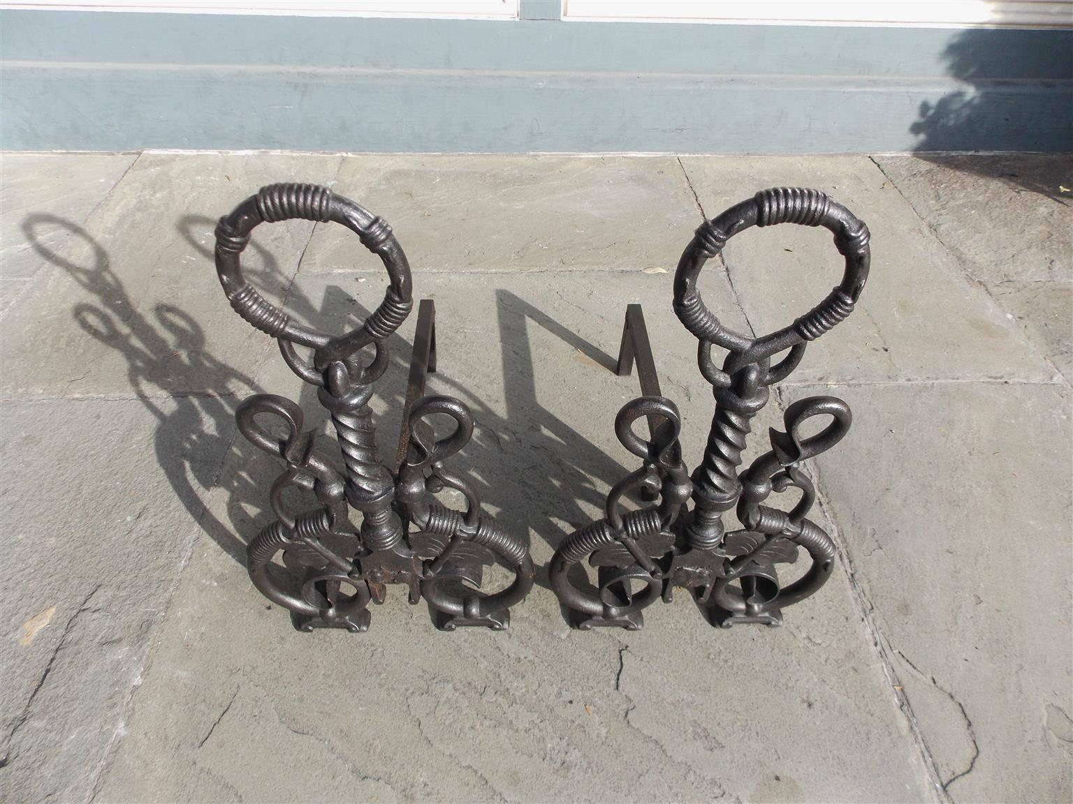 American Empire Pair of American Cast Iron Ring Finial and Vine Andirons, Circa 1850 For Sale