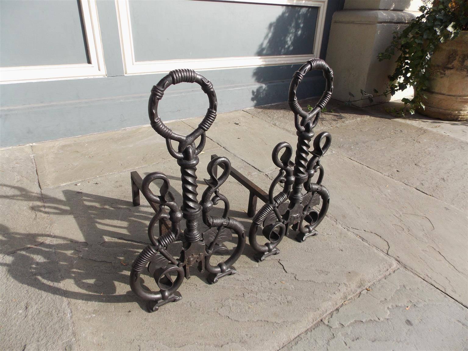 Hammered Pair of American Cast Iron Ring Finial and Vine Andirons, Circa 1850 For Sale