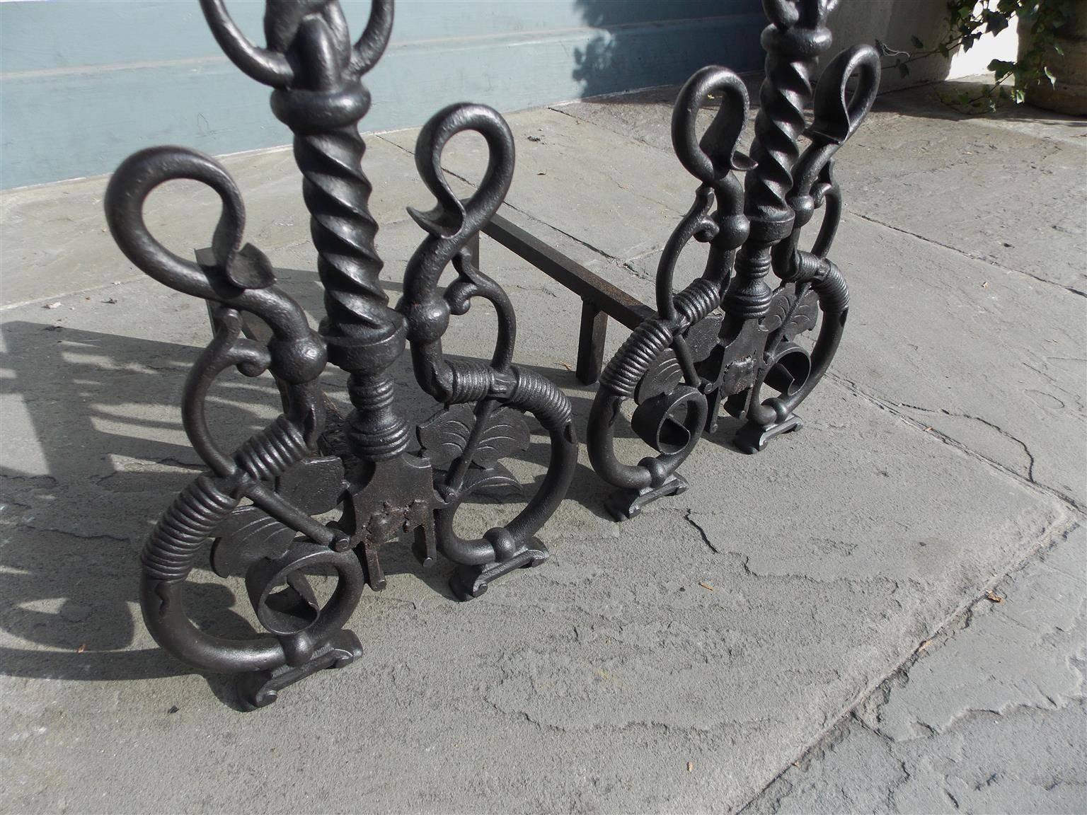 Pair of American Cast Iron Ring Finial and Vine Andirons, Circa 1850 In Excellent Condition For Sale In Charleston, SC