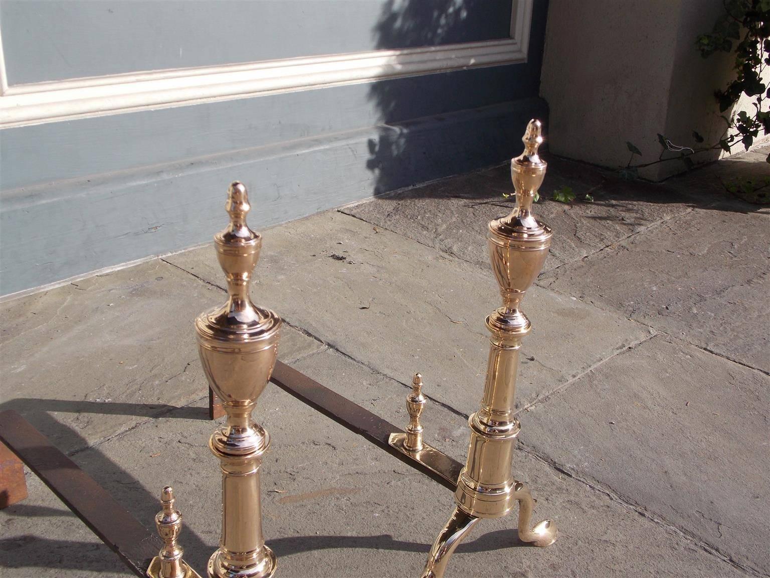 American Colonial Pair of American Queens Metal Urn Finial Andirons, Philadelphia, Circa 1770 For Sale