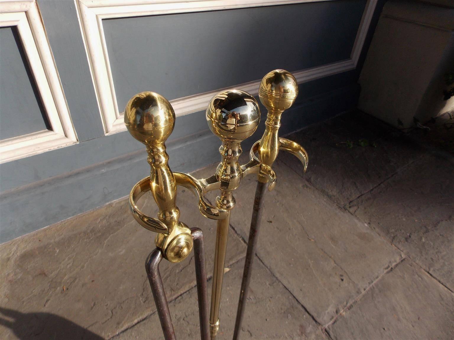 American Colonial Set of American Brass and Polished Steel Fire Tools on Marble Stand, Circa 1810