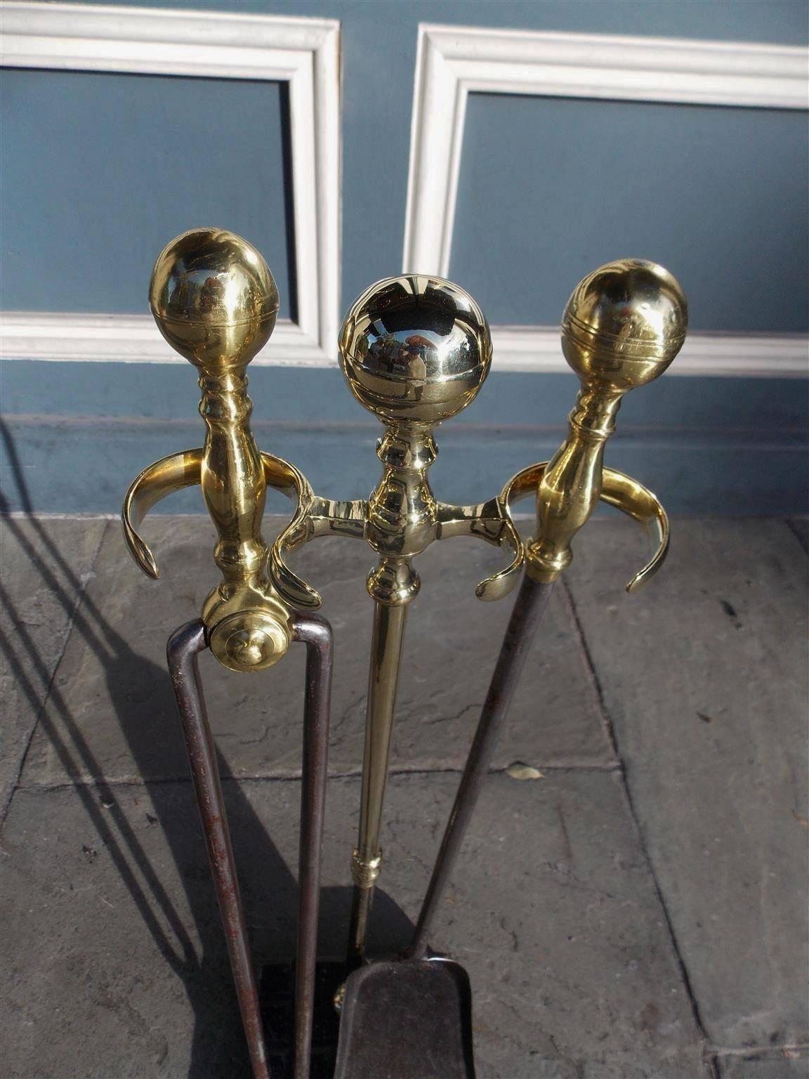 Cast Set of American Brass and Polished Steel Fire Tools on Marble Stand, Circa 1810