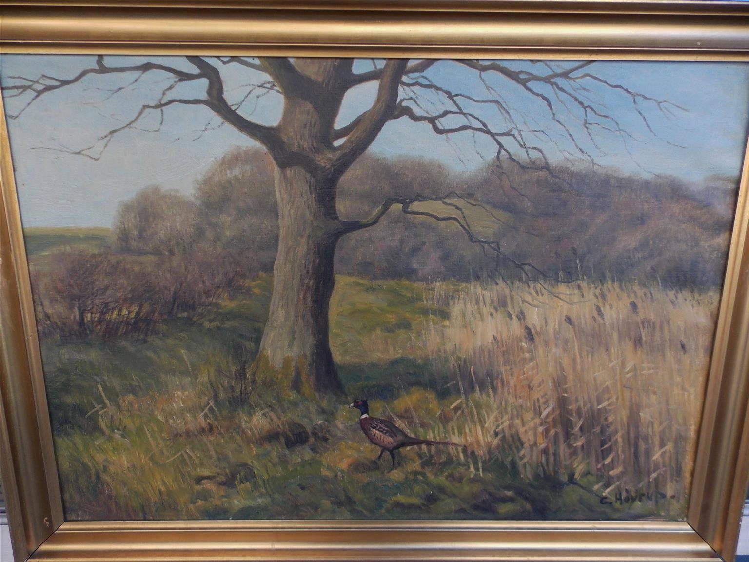 Mid-Century Modern  Oil on Canvas of Landscape with Pheasant, Signed C Hoyrup, 20th Century