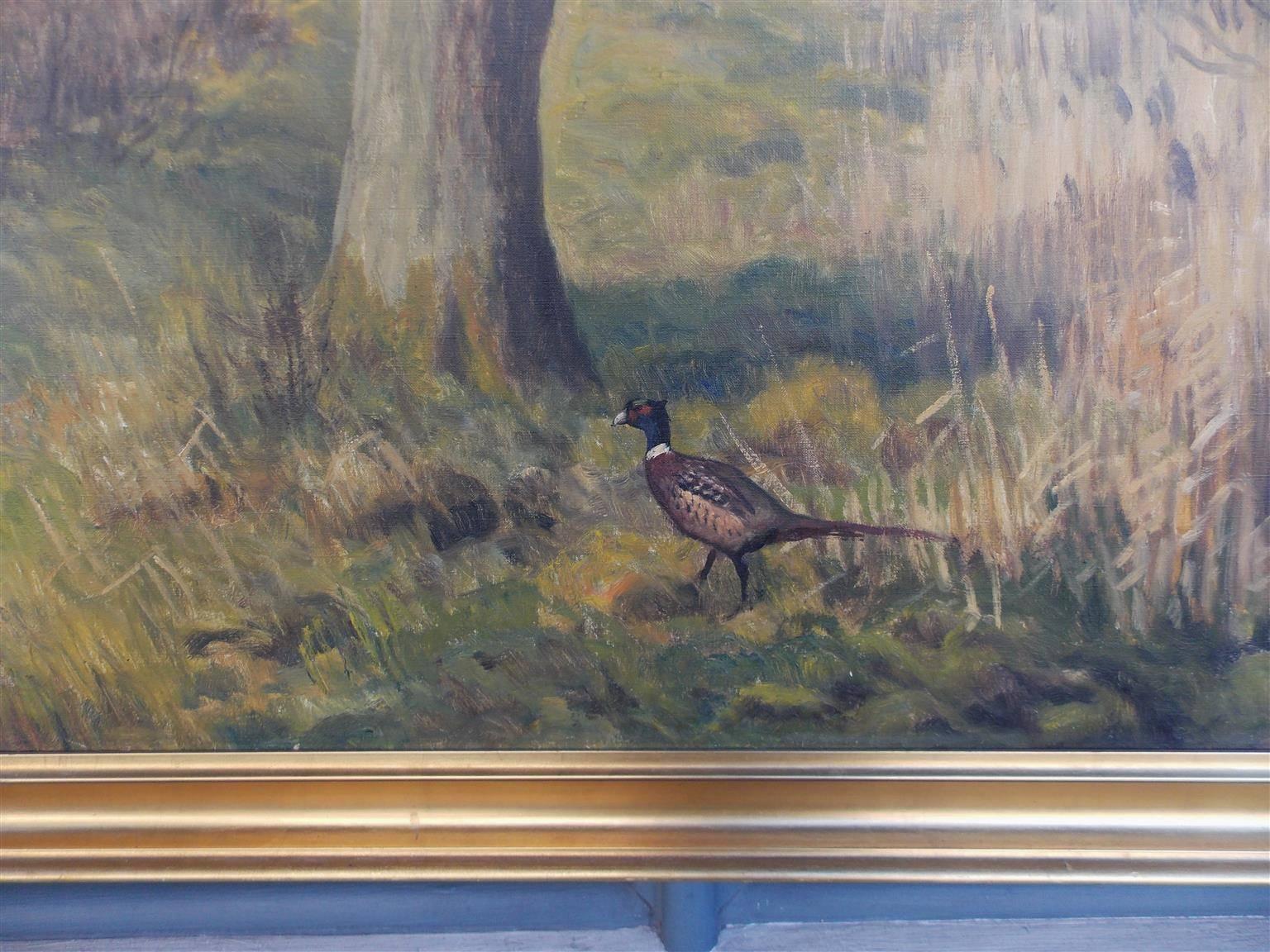 Gilt  Oil on Canvas of Landscape with Pheasant, Signed C Hoyrup, 20th Century