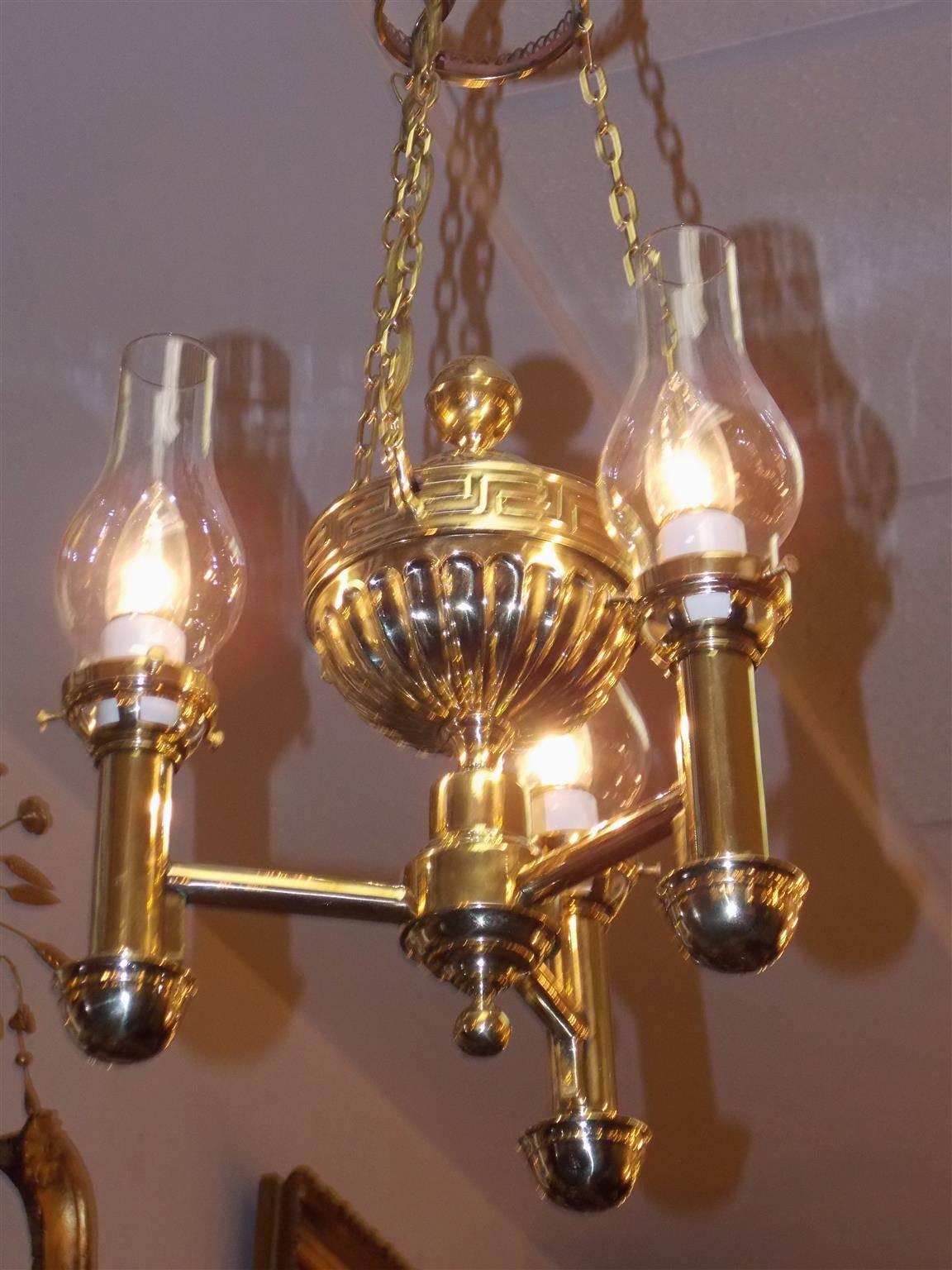 Hand-Crafted American Brass Urn and Greek Key Argand Chandelier, Circa 1820 For Sale