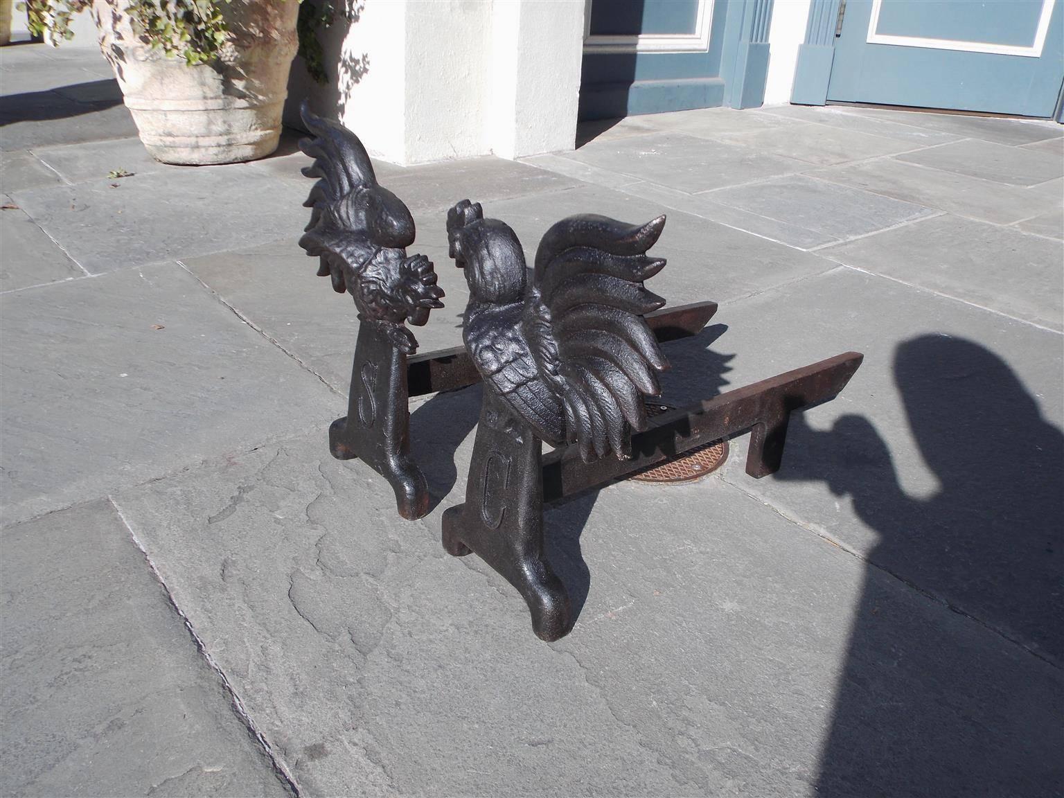 Pair of American Cast Iron Fighting Gamecock Andirons, Circa 1850 In Excellent Condition In Hollywood, SC