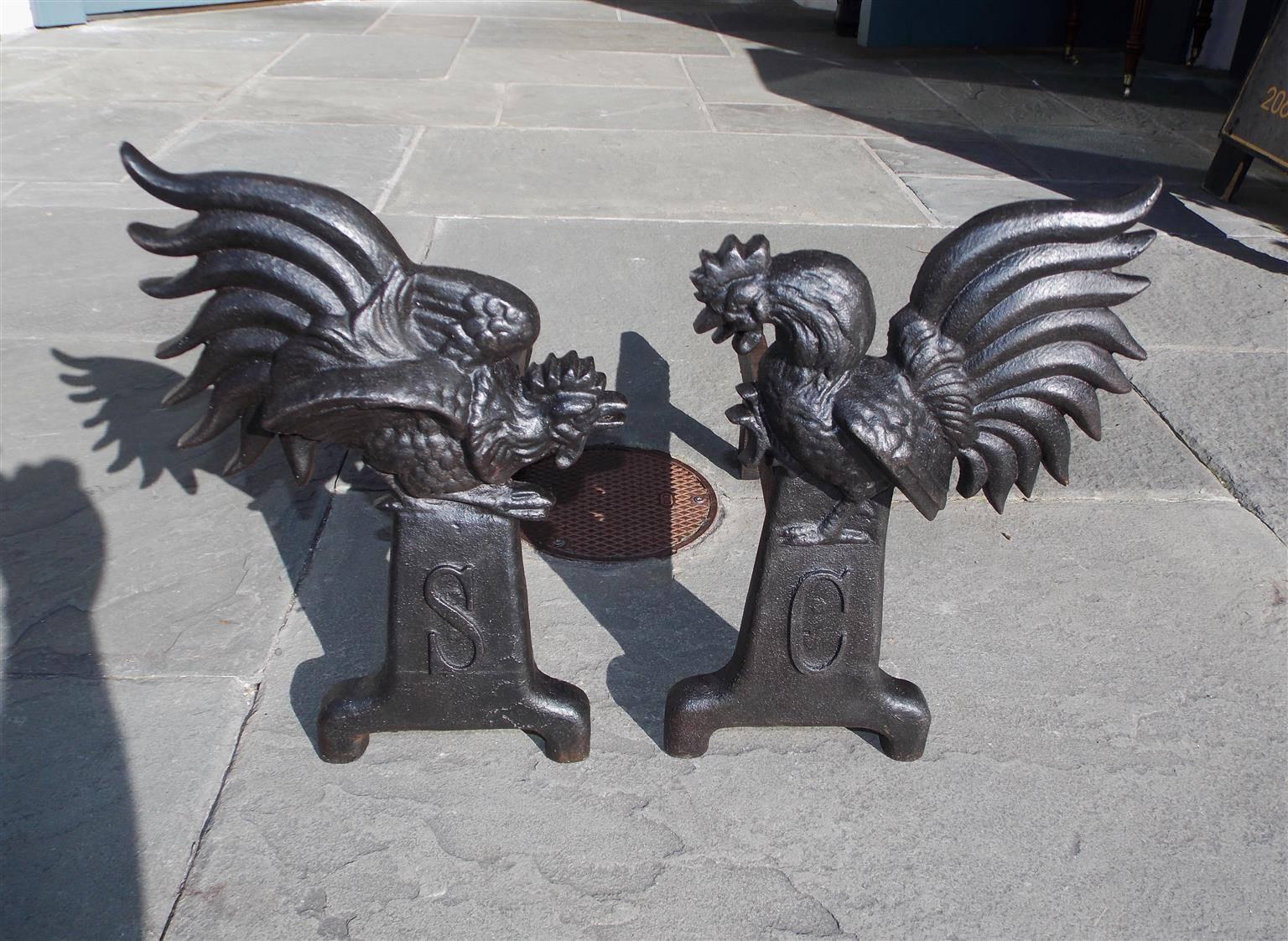 Mid-19th Century Pair of American Cast Iron Fighting Gamecock Andirons, Circa 1850