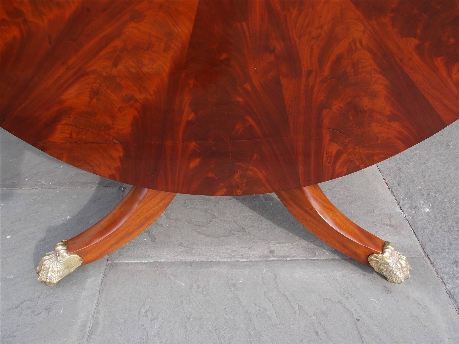 Hand-Carved American Crotch Mahogany Pie Shaped Tilt Top Center Table,  NY.  Circa 1820