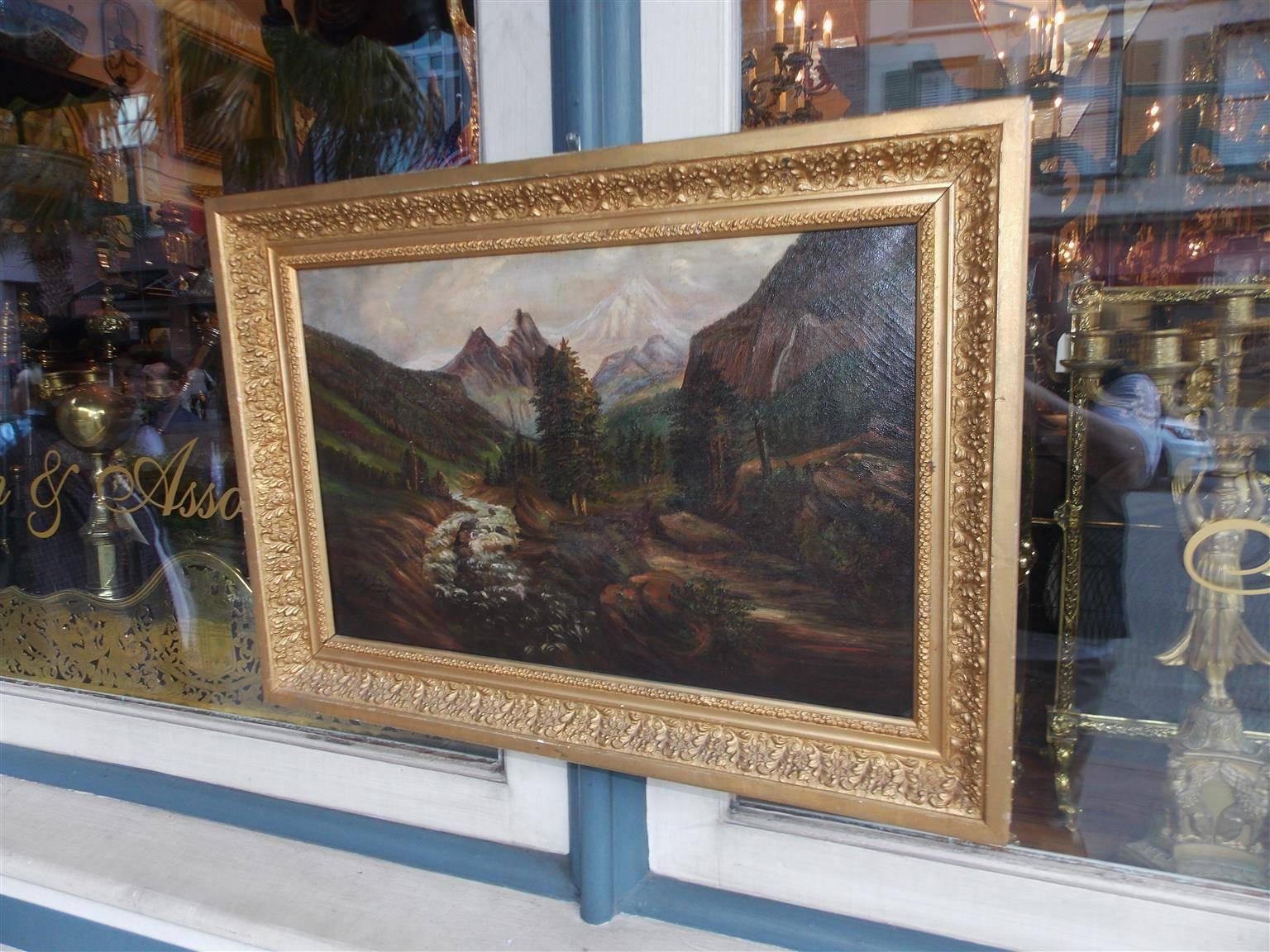 American Empire American Oil on Canvas of Landscape in Original Gilt Frame, Circa 1870 For Sale