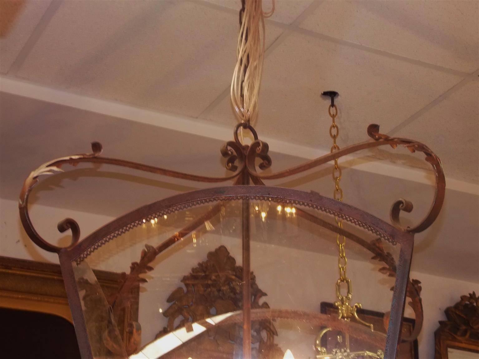 Neoclassical Italian Wrought Iron Arched Dome Hanging Glass Lantern , Circa 1870