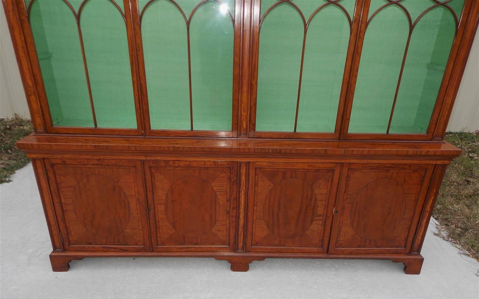 Glass English Regency Yew & Satinwood Broken Arched Pediment Breakfront, Circa 1790 For Sale