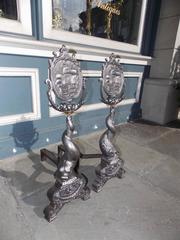 Pair of American Polished Steel & Brass Dolphin Ship Andirons, Circa 1850