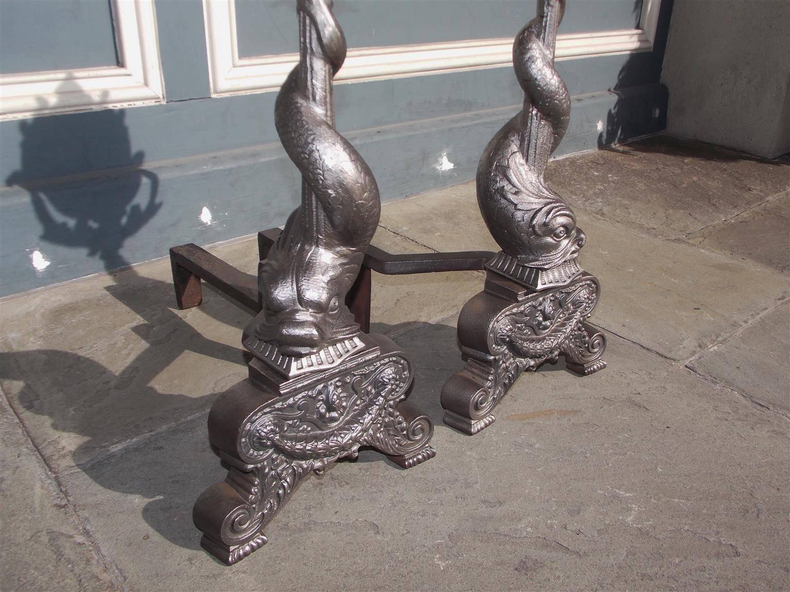 Pair of American Polished Steel & Brass Dolphin Ship Andirons, Circa 1850 In Excellent Condition For Sale In Hollywood, SC