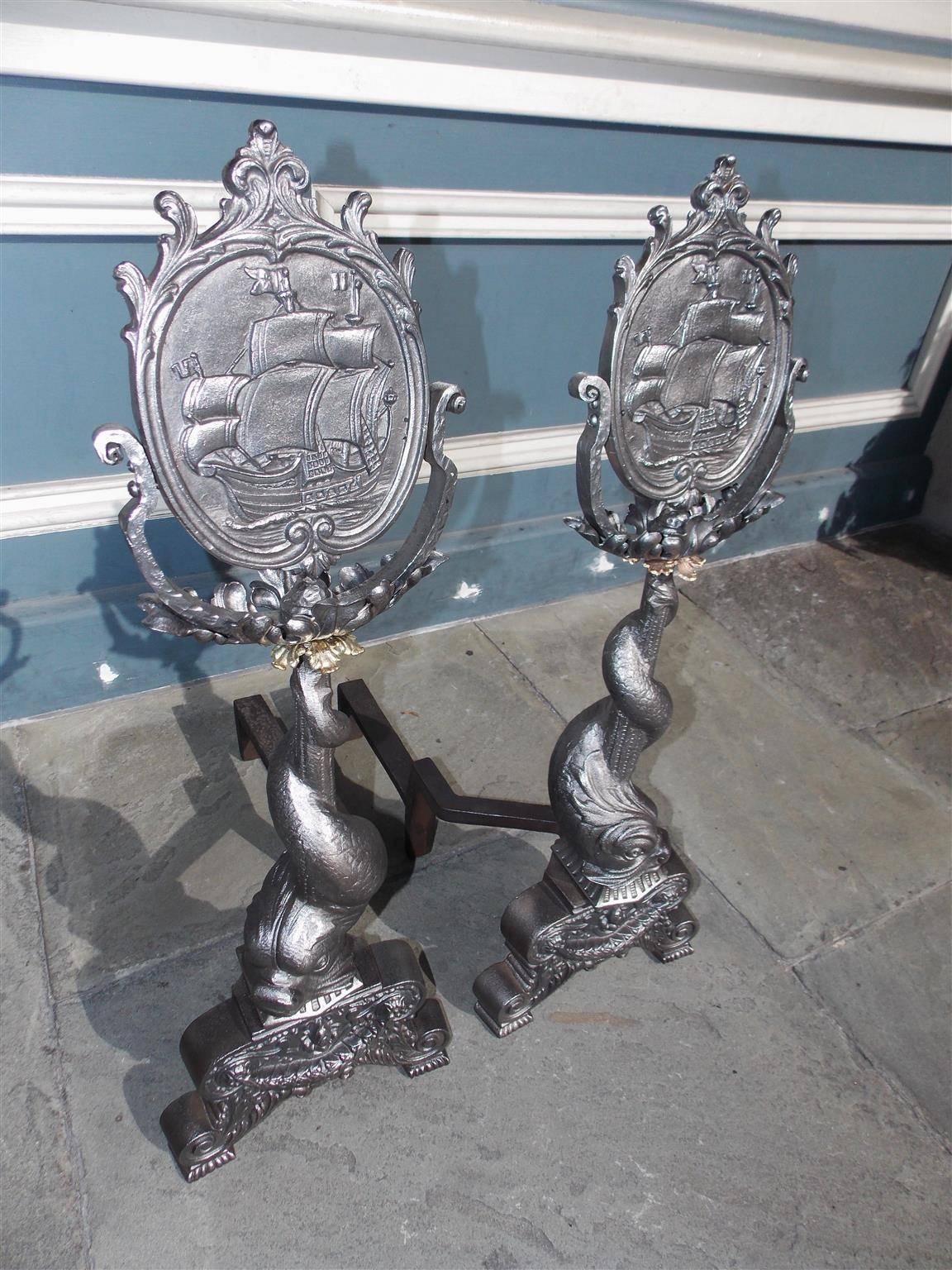 Cast Pair of American Polished Steel & Brass Dolphin Ship Andirons, Circa 1850 For Sale