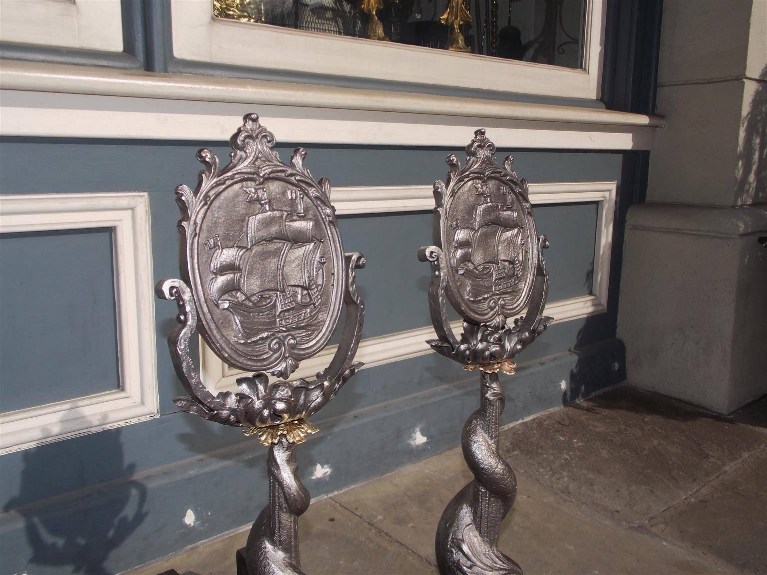 American Empire Pair of American Polished Steel & Brass Dolphin Ship Andirons, Circa 1850 For Sale